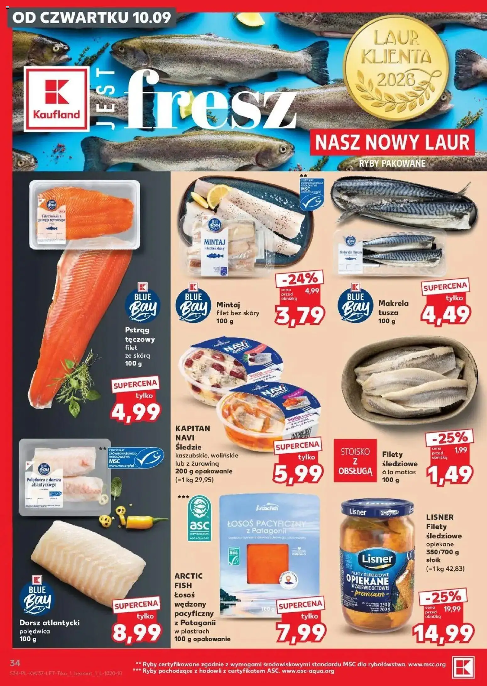 Kaufland gazetka od 10.09.2026 - od jutra PDF | Strona: 34 | Produkty: Śledzie, Łosoś wędzony, Filet, Polędwica z dorsza