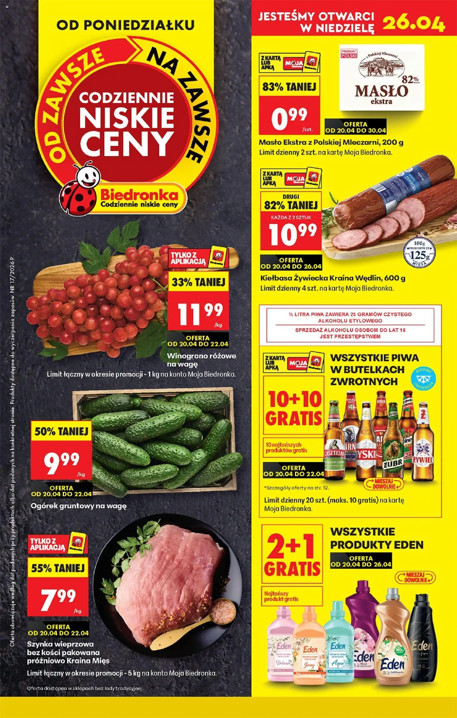Biedronka gazetka od poniedziałku od 20.04.2026 | Strona: 1 | Produkty: Kiełbasa, Karta, Winogrono, Masło