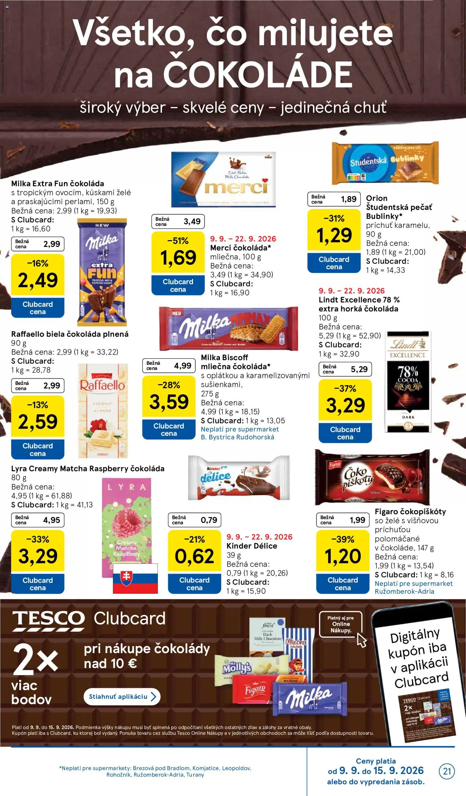 Nové Tesco akcie – leták je platný od 09.09.2026 | Strana: 21 | Produkty: Piškóty, Lindt, Raffaello, Matcha