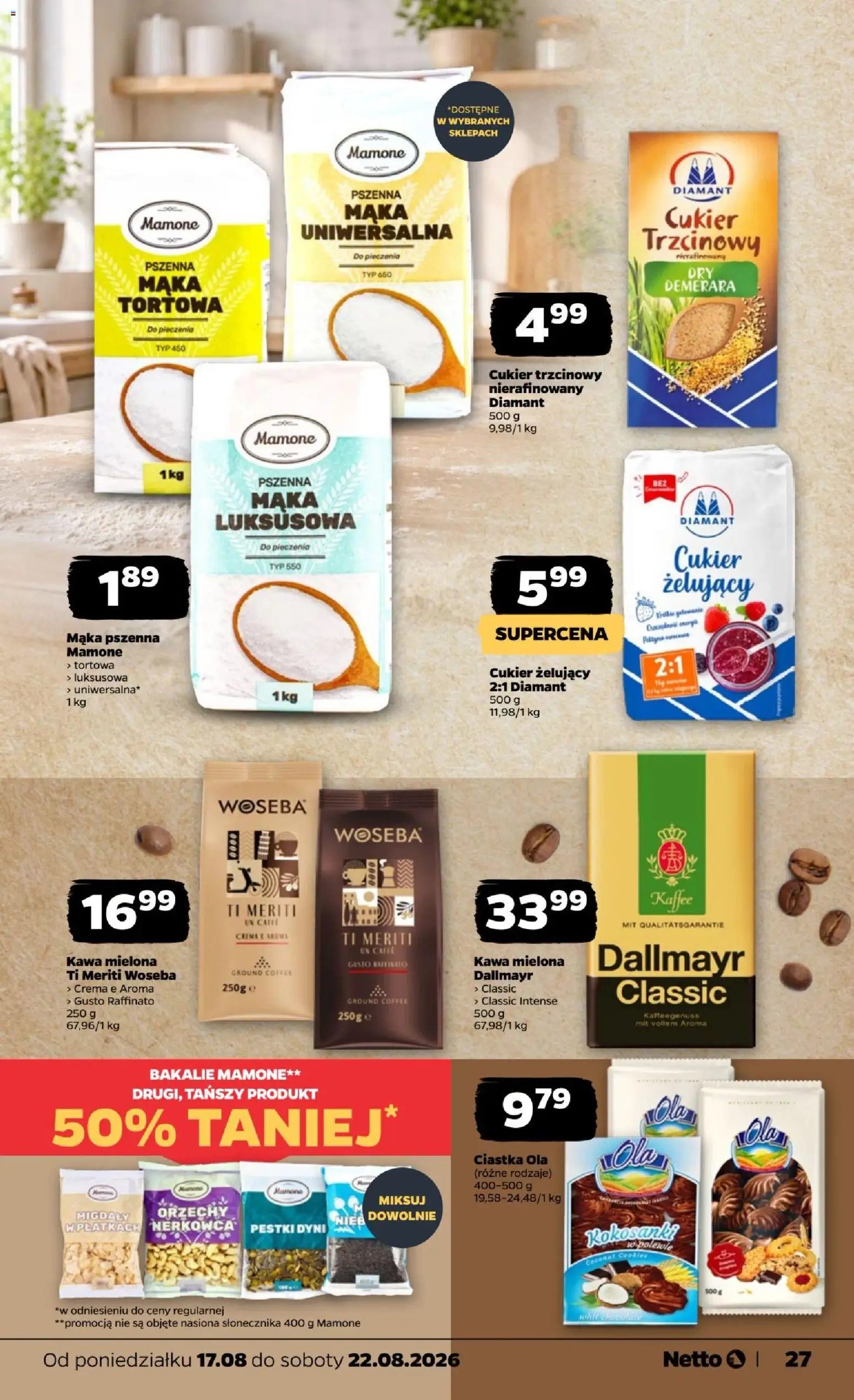 Netto gazetka od poniedziałku od 17.08.2026 | Strona: 27 | Produkty: Cukier trzcinowy, Pestki dyni, Orzechy, Cukier