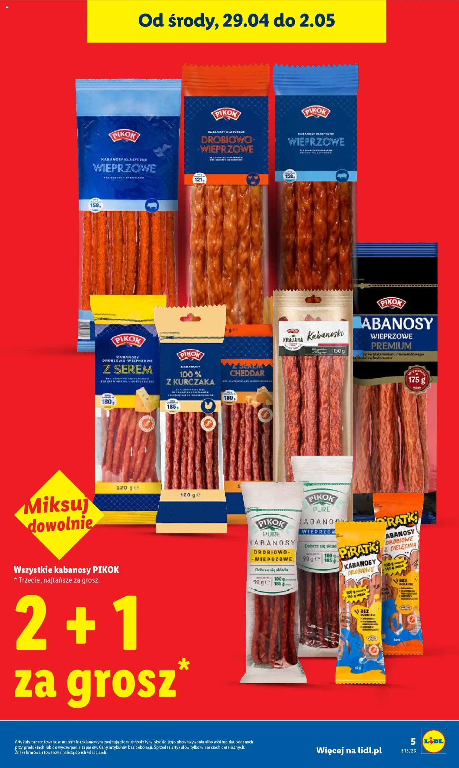 Lidl gazetka od 29.04.2026 | Strona: 5 | Produkty: Kabanosy drobiowe, Kabanosy, Cheddar