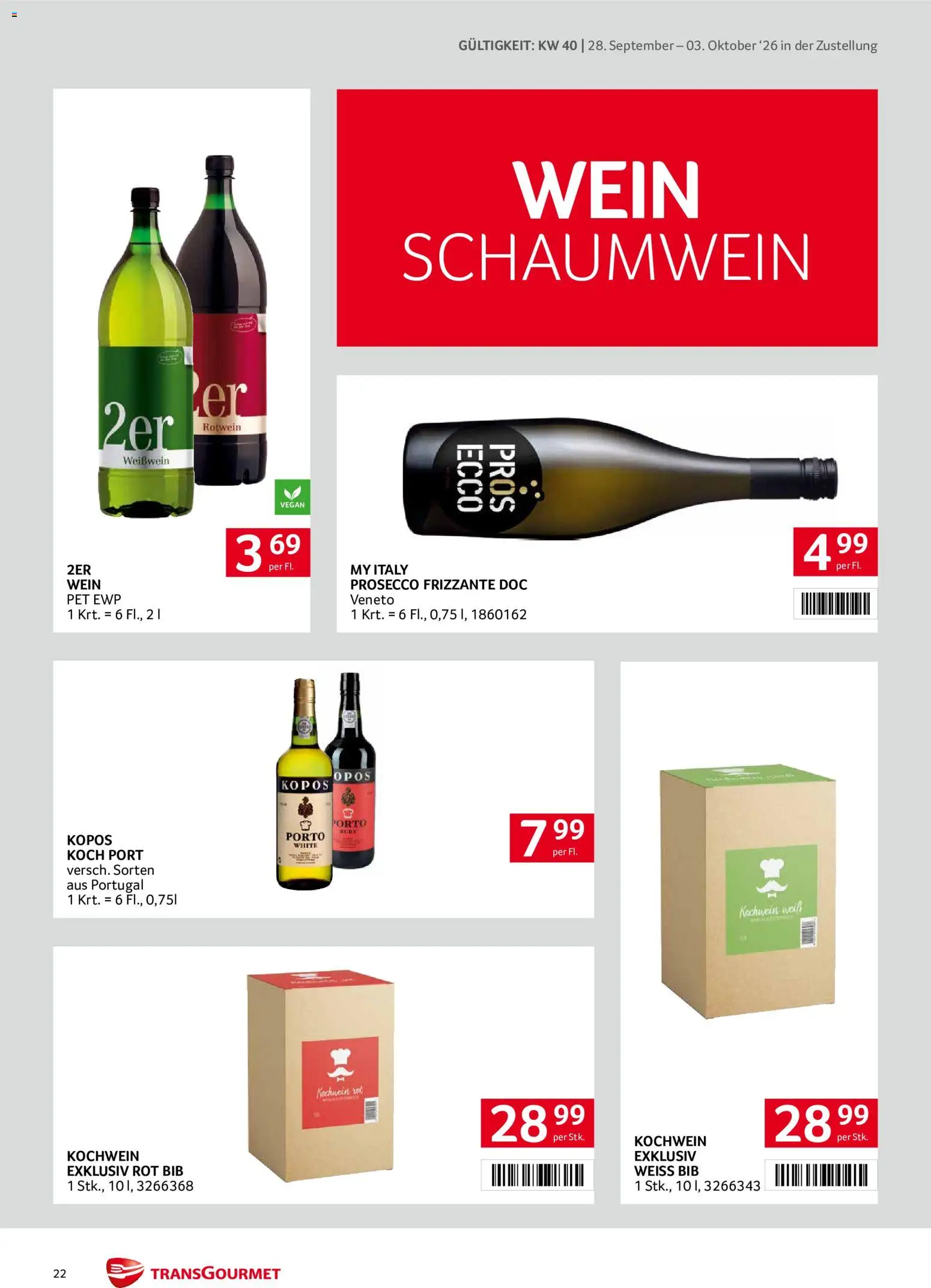 Transgourmet Zustellaktion gültig ab 28.09.2026 | Seite: 22 | Produkte: Rotwein, Prosecco, Weißwein, Wein