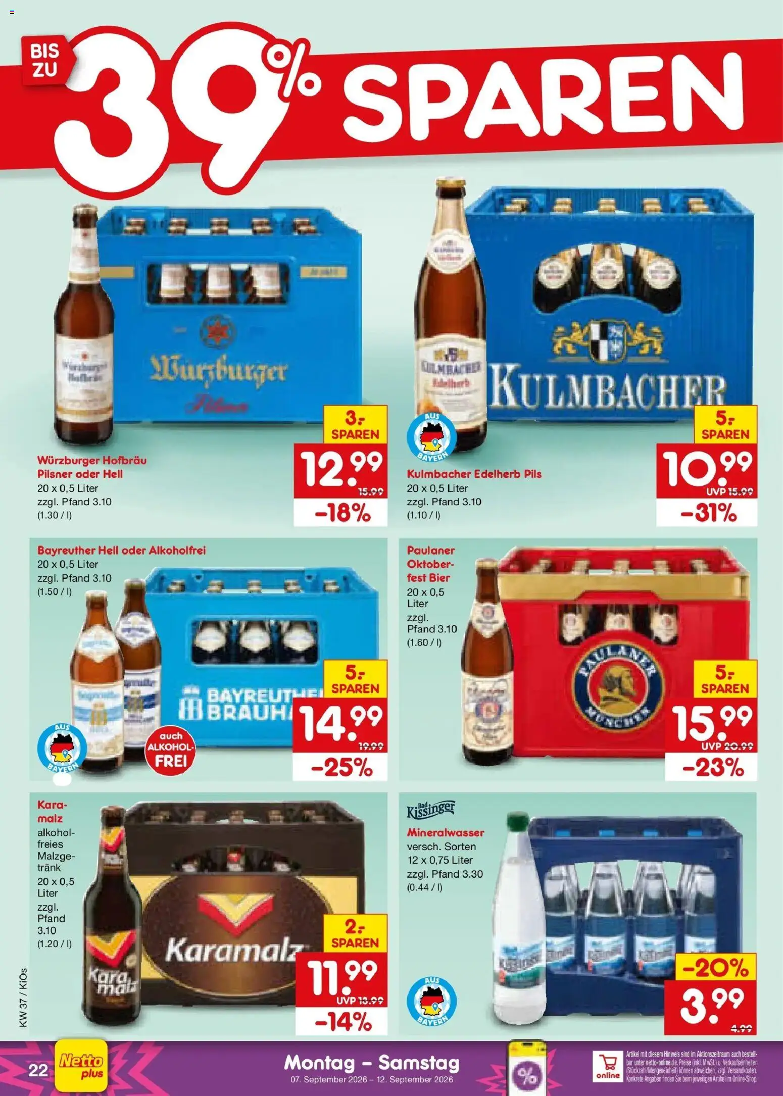 Netto Marken-Discount Prospekt Nürnberg – gültig ab 07.09.2026 | Seite: 32 | Produkte: Bayreuther hell, Bier, Mineralwasser, Alkohol