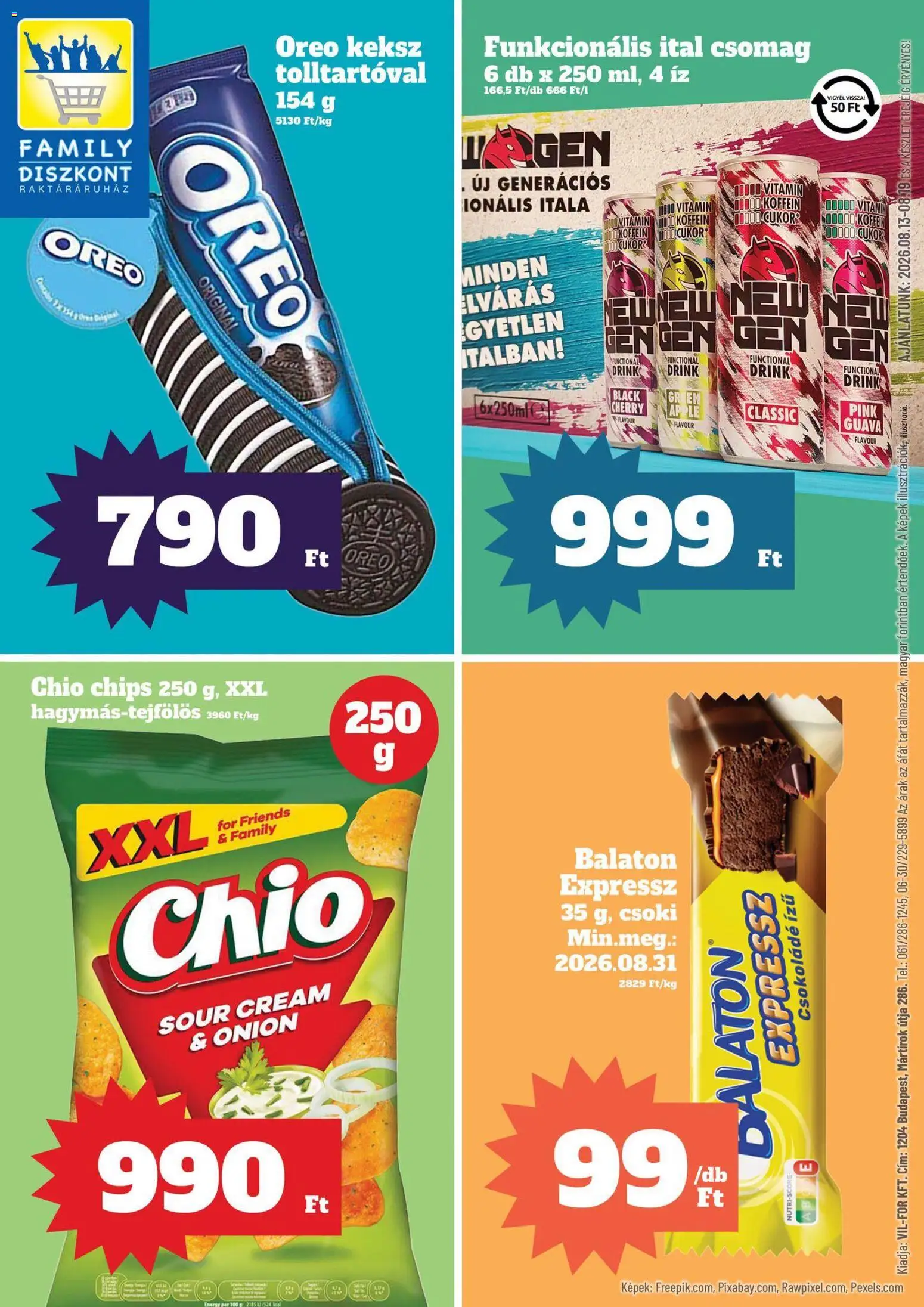 Family Diszkont akciós ujság - amely érvényes a következő dátumtól: 2026.08.13. | Oldal: 1 | Termékek: Vitamin, Chips, Oreo, Keksz