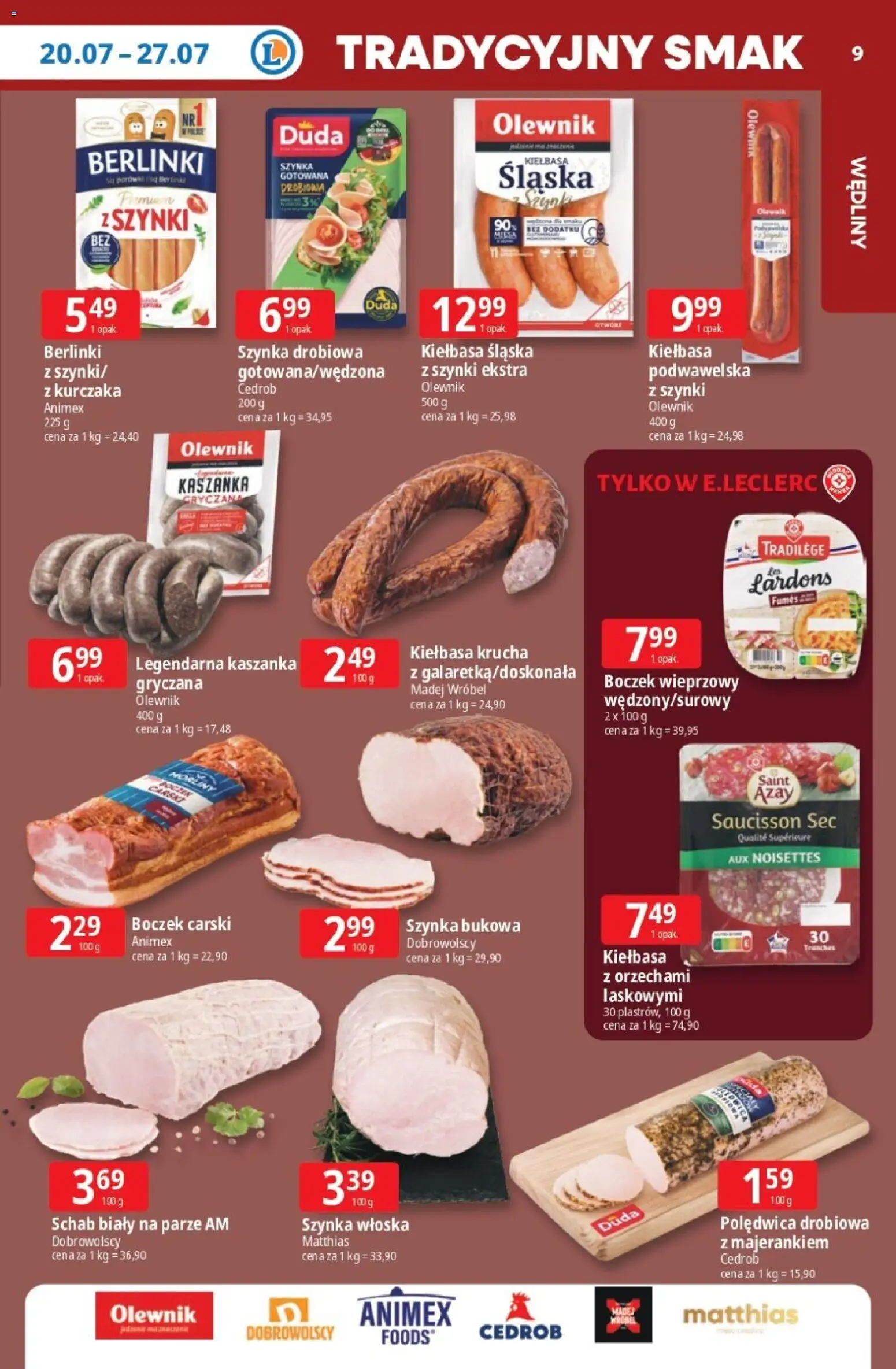 E.Leclerc gazetka od 20.07.2026 | Strona: 8 | Produkty: Kiełbasa, Szynka drobiowa, Kaszanka, Boczek