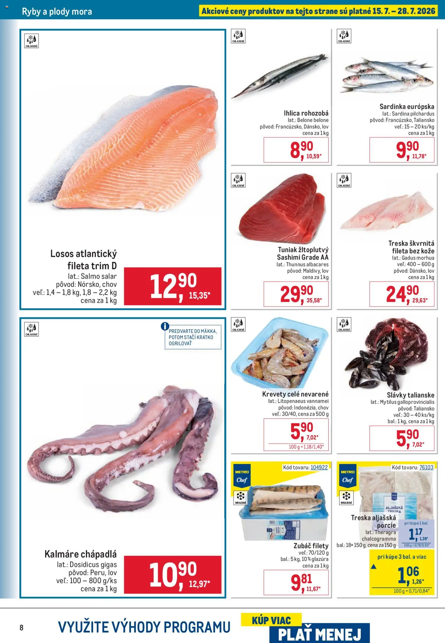 Nové Metro akcie – leták je platný od 15.07.2026 | Strana: 8 | Produkty: Tuniak, Krevety, Losos, Treska