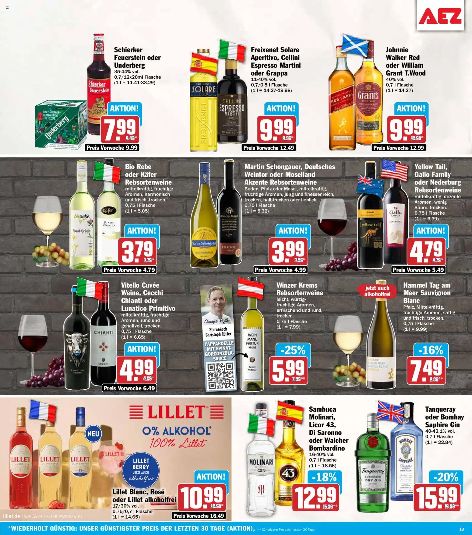 AEZ Prospekt – gültig ab 06.07.2026 | Seite: 13 | Produkte: Sambuca, Lillet, Gin, Underberg