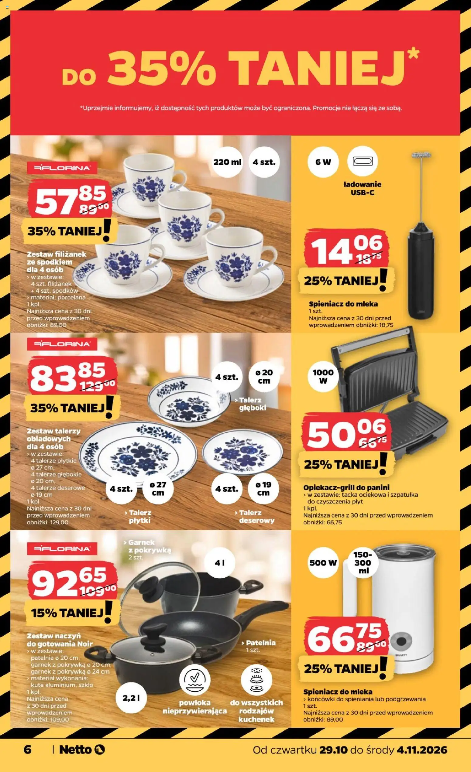 Netto gazetka od czwartku NonFood od 29.10.2026 | Strona: 6 | Produkty: Garnek, Talerze, Zestaw naczyń, Patelnia
