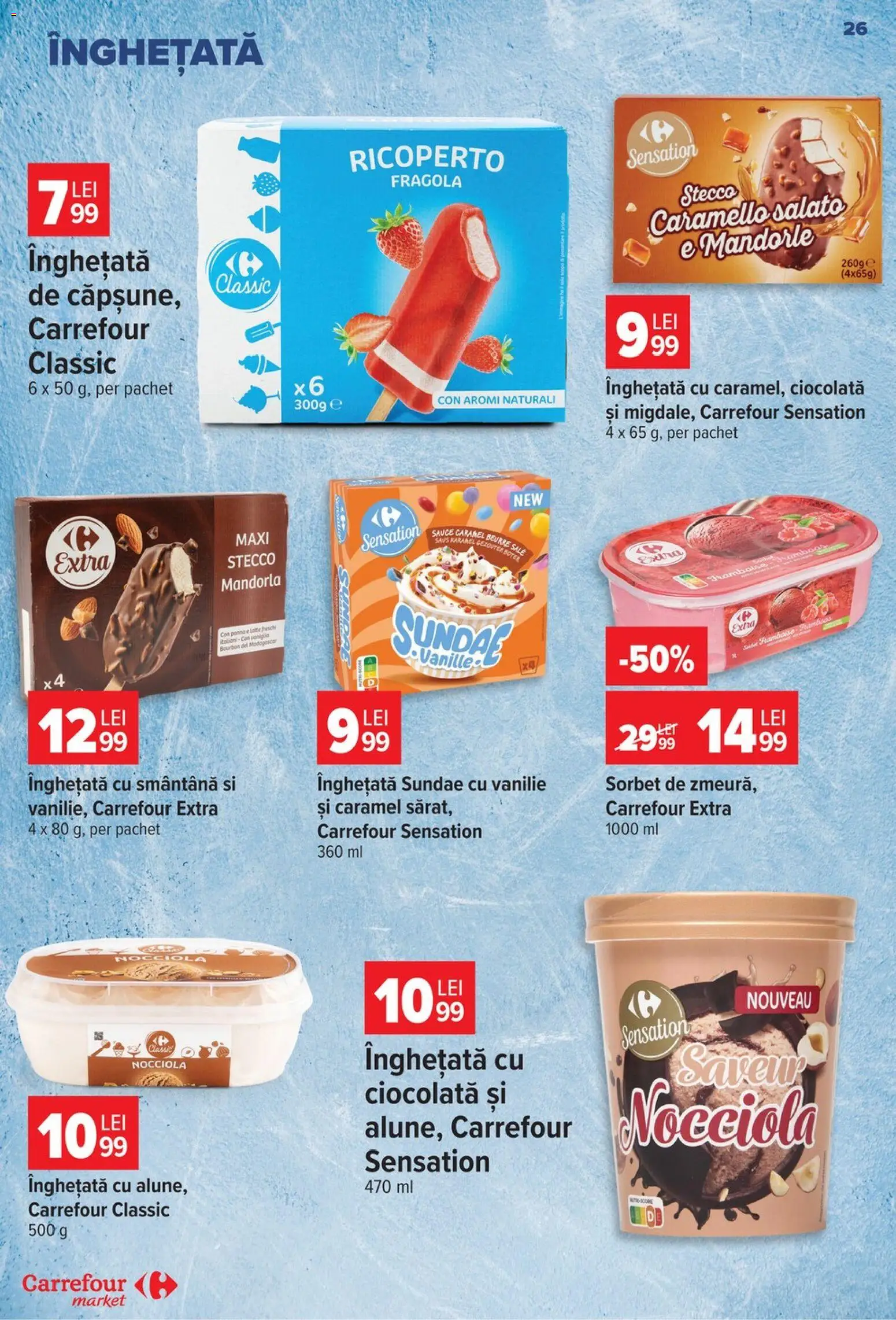Noul catalog Carrefour – valabil de la 19.08.2026 | Pagină: 26 | Produse: Carrefour Classic, Bourbon, Smântână, Înghețată