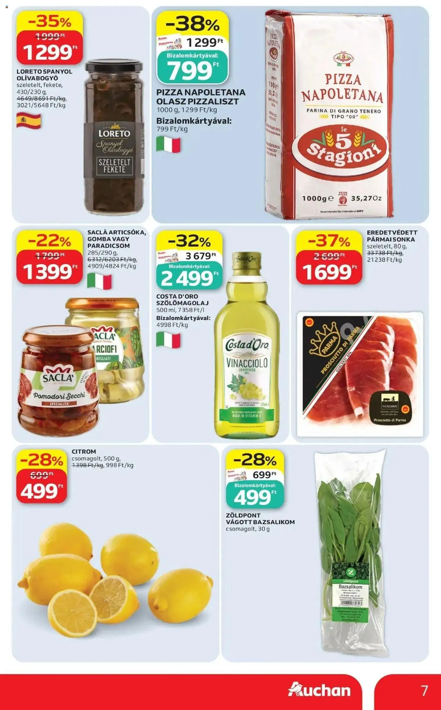 Auchan akciós újság Fót - 2026.09.10. -tól/töl > akció, lapozható szórólap 🛍️ | Oldal: 7 | Termékek: Szőlőmagolaj, Pizza, Olívabogyó, Citrom