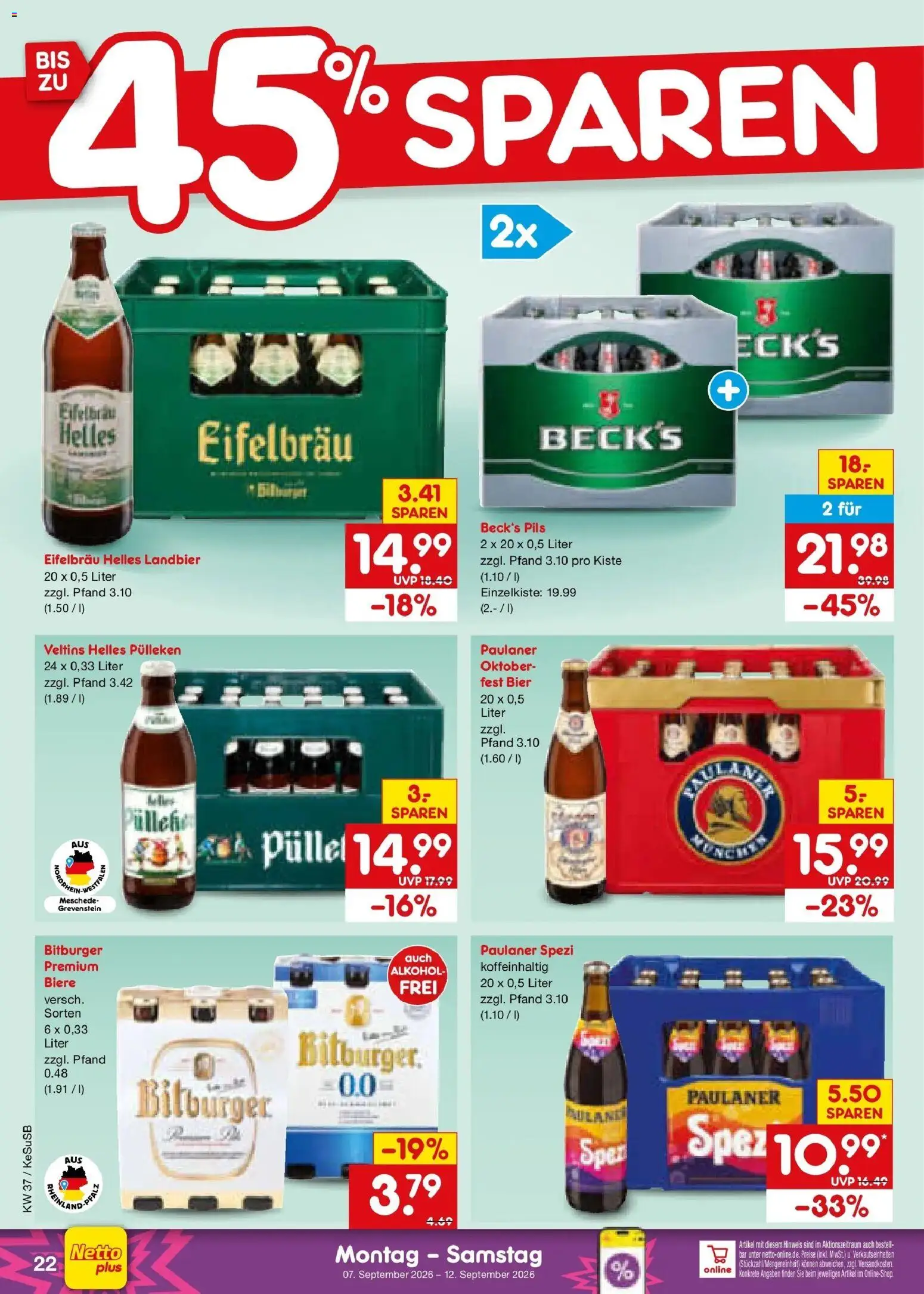 Netto Marken-Discount Prospekt Kruft – gültig ab 07.09.2026 | Seite: 32 | Produkte: Bitburger, Paulaner spezi, Alkohol, Paulaner