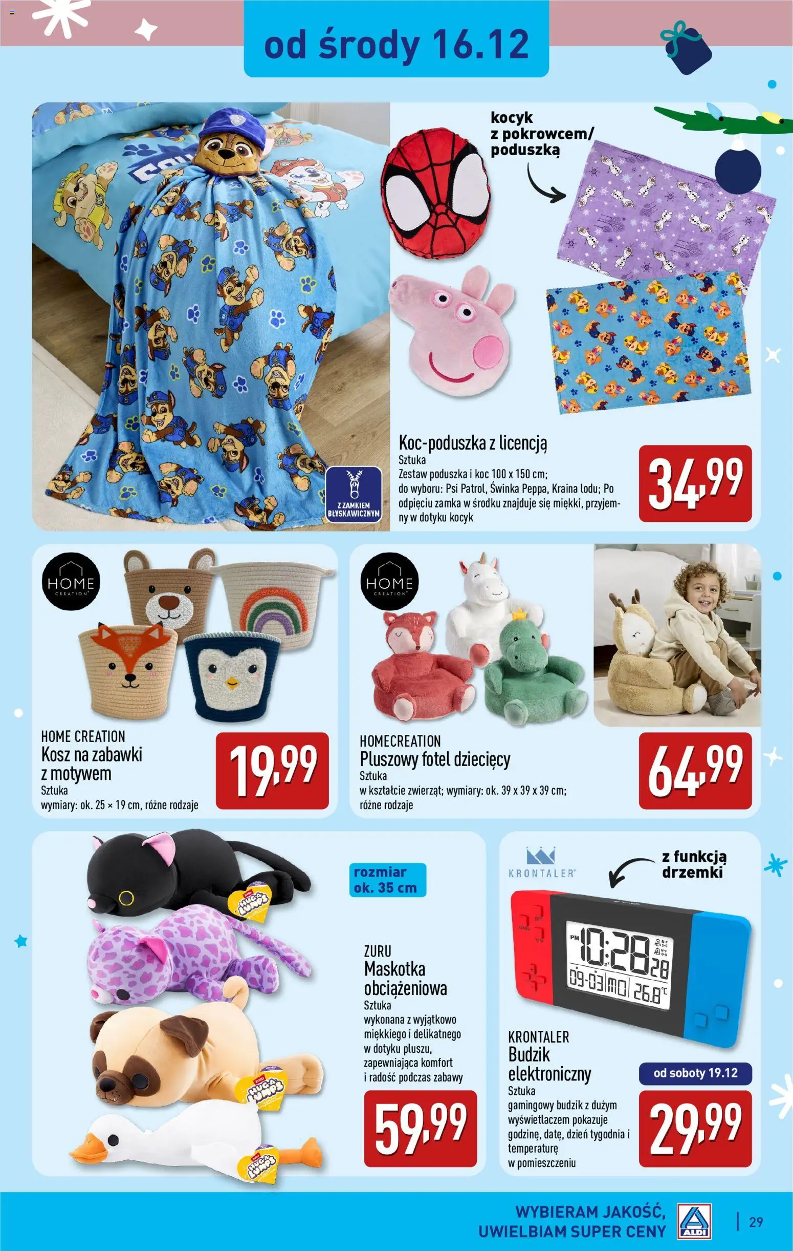 Aldi gazetka - Zabawki dla każdego od 31.10.2026 | Strona: 29 | Produkty: Budzik, Koc, Fotel, Kosz