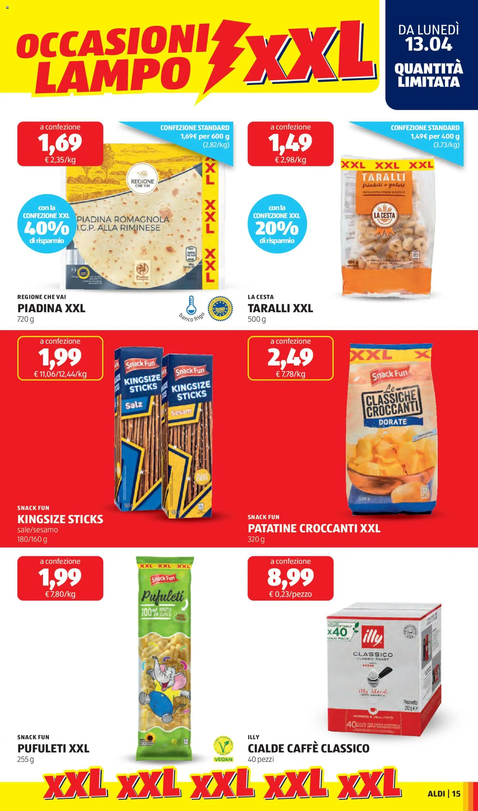 Volantino Aldi del 13.04.2026 | Pagina: 15 | Prodotti: Caffè, Patatine, Taralli, Mais