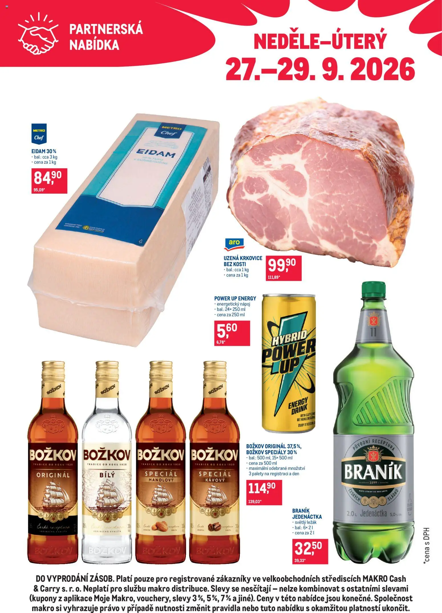 Makro leták - Partnerská nabídka od 27.09.2026 | Strana: 1 | Produkty: Energetický nápoj, Braník, Božkov originál, Krkovice