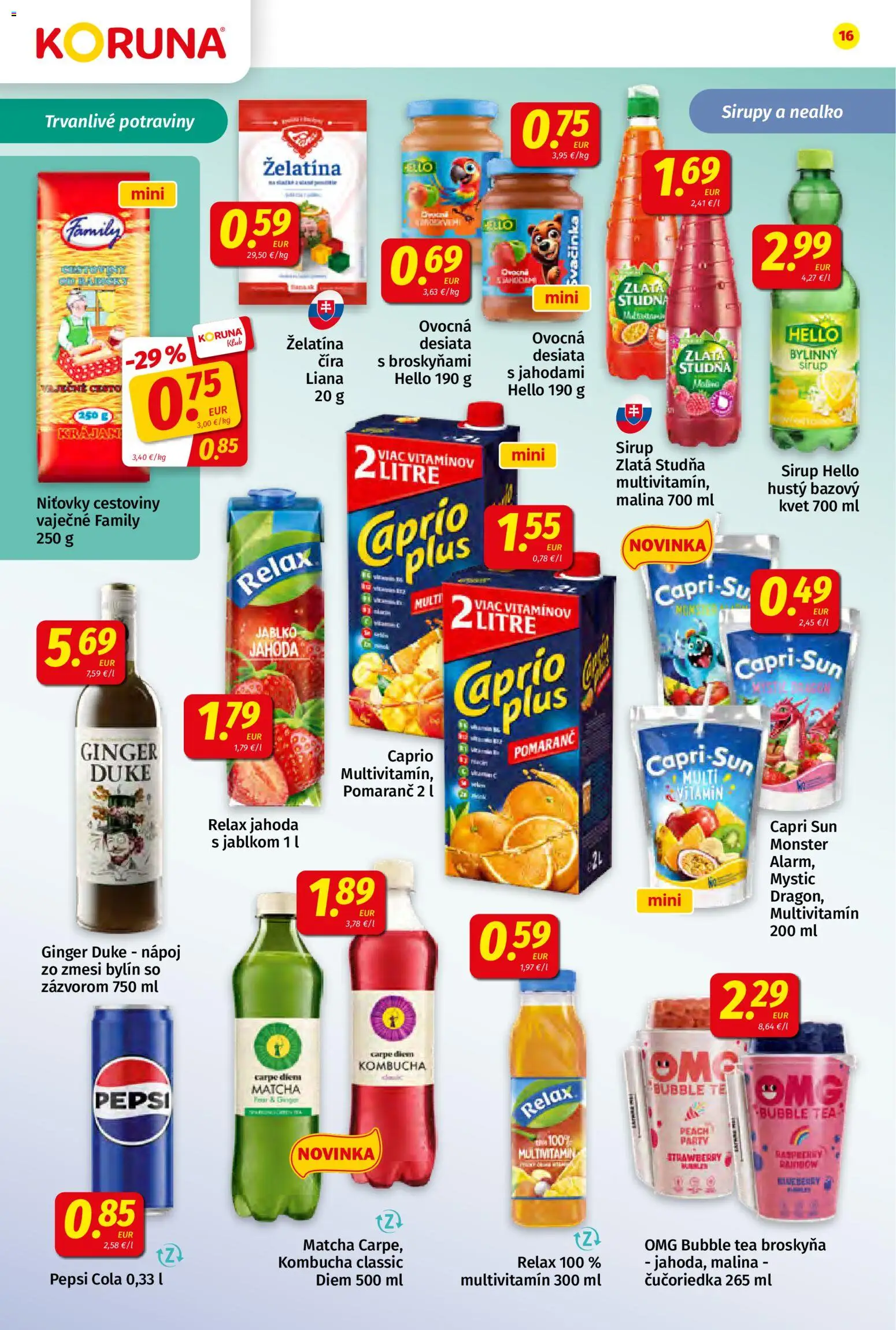 Nové Koruna akcie – leták je platný od 17.07.2026 | Strana: 16 | Produkty: Cestoviny, Pepsi, Cola