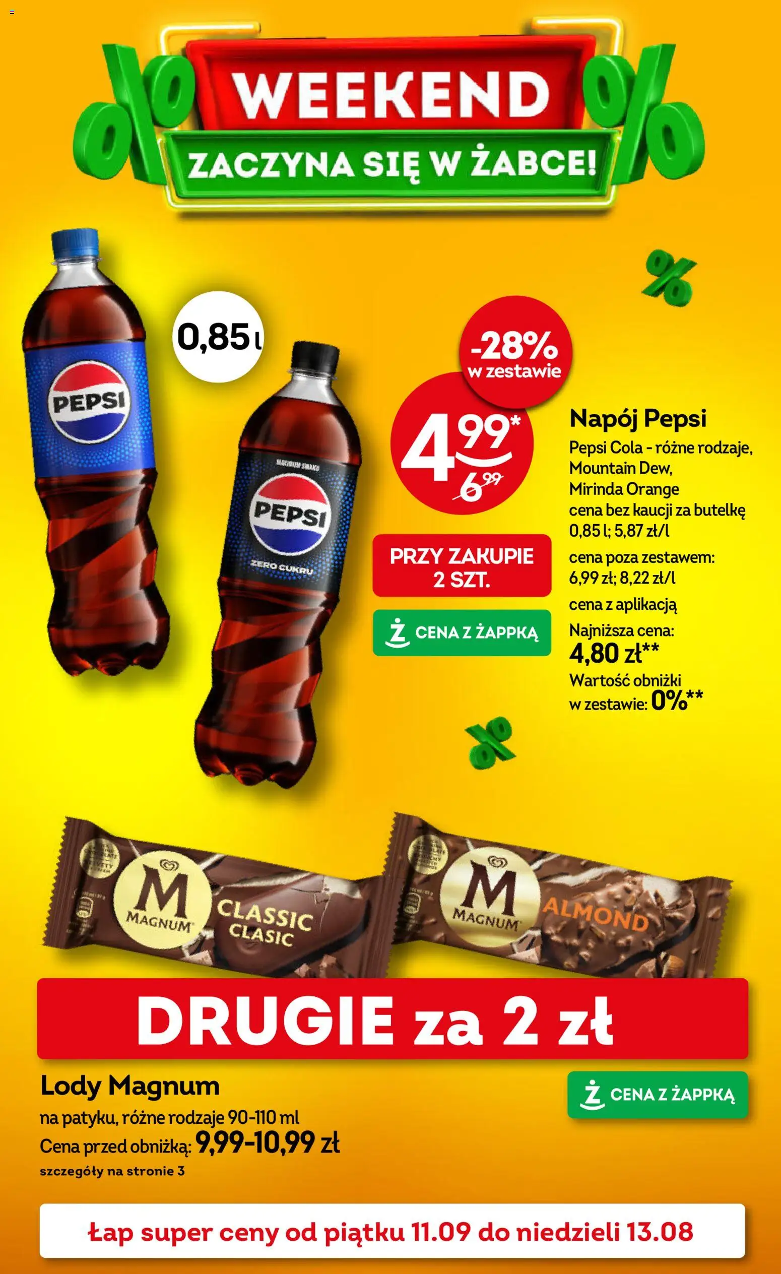 Żabka gazetka - Weekendowe promocje od 11.09.2026 | Strona: 1 | Produkty: Pepsi, Magnum, Lody Magnum, Lody
