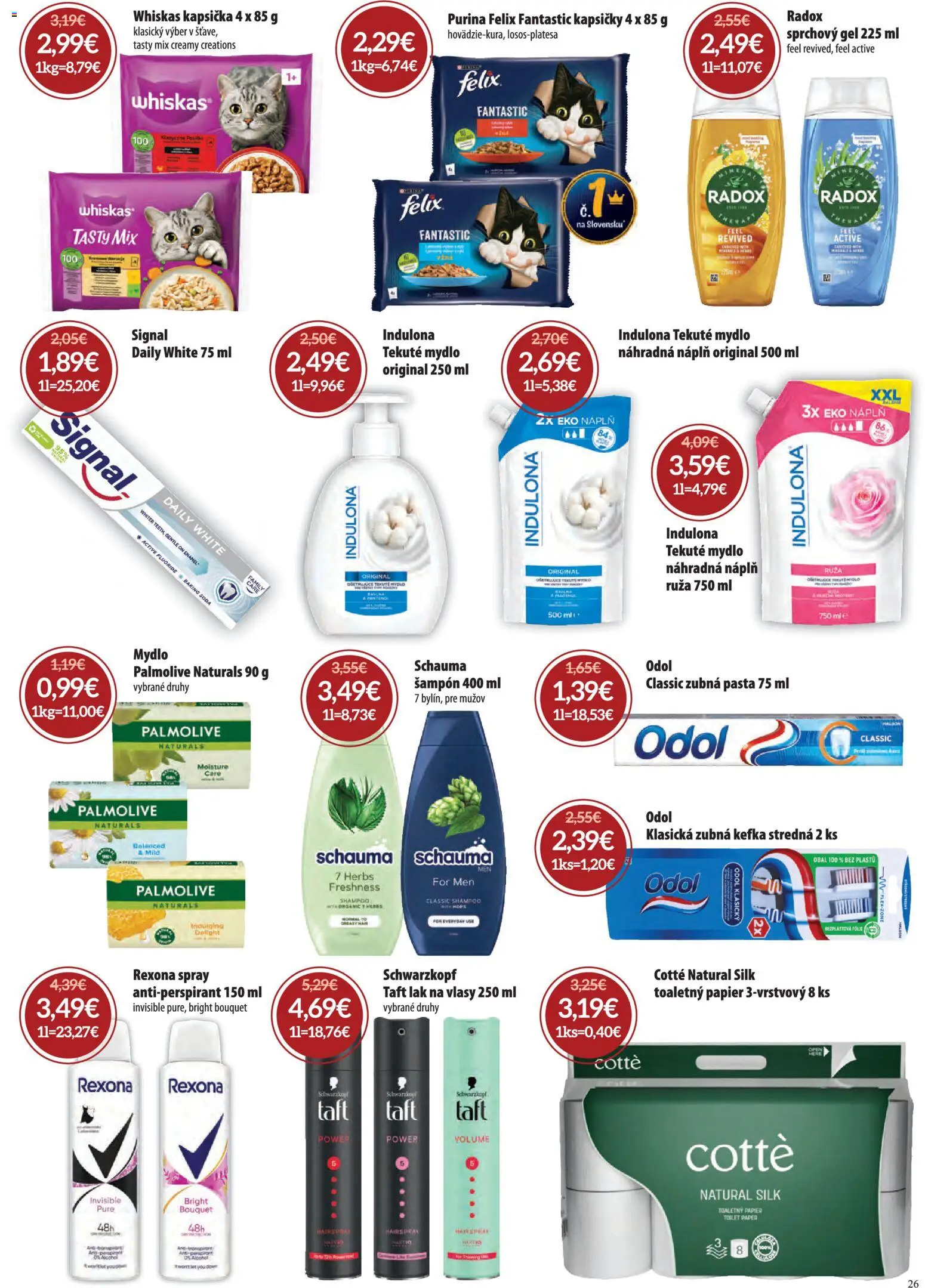 Nové Nitrazdroj akcie – leták je platný od 07.05.2026 | Strana: 26 | Produkty: Zubná kefka, Toaletný papier, Antiperspirant, Zubná pasta