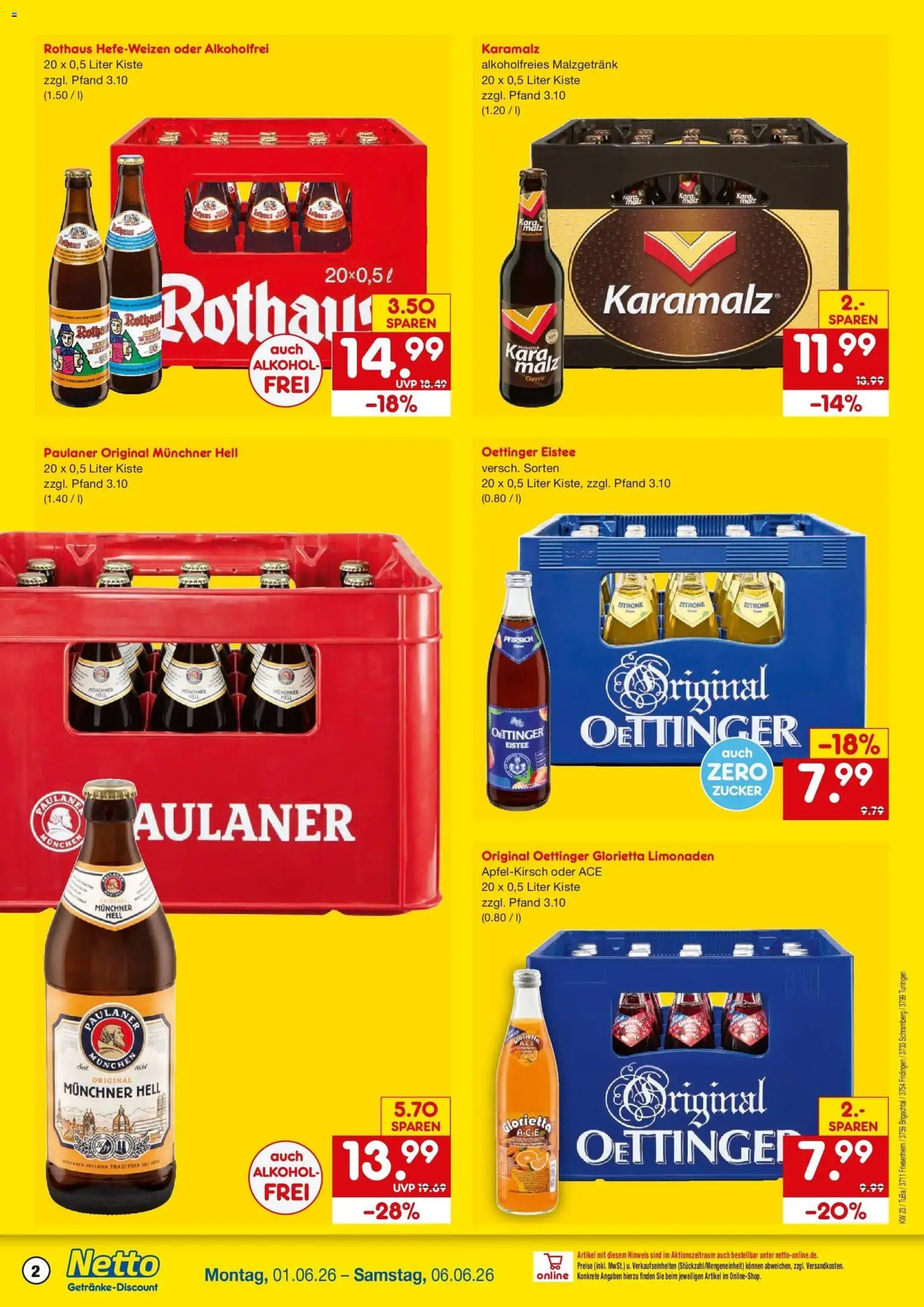 Netto Marken-Discount Prospekt Friesenheim – gültig ab 01.06.2026 | Seite: 2 | Produkte: Oettinger, Zitrone, Pfirsich, Paulaner