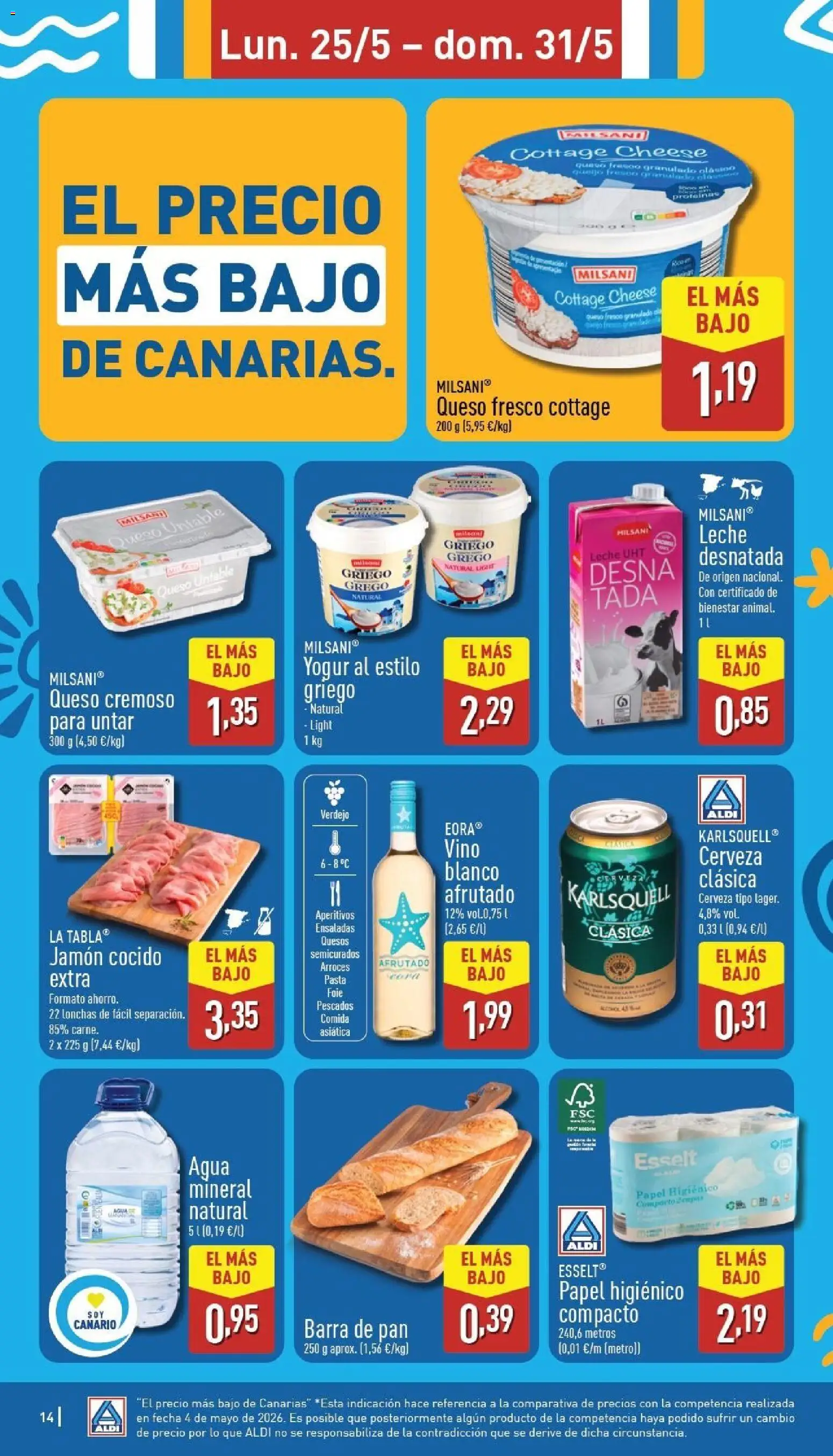 Aldi folleto Canarias │ válido desde el 25.05.2026 | Página: 14 | Productos: Leche, Jamón cocido, Queso fresco, Papel higienico