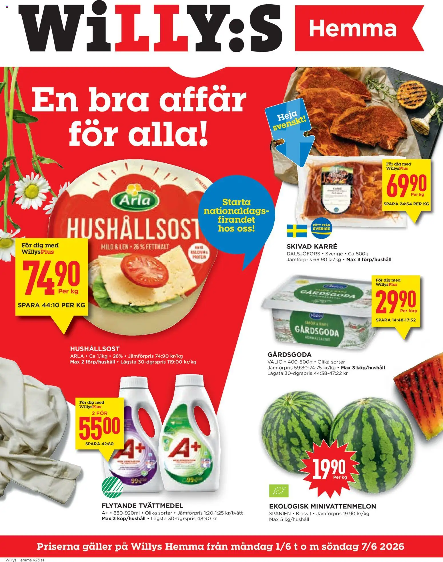Willys reklamblad aktuell från 01.06.2026 | Sida: 1 | Produkter: Tvättmedel, Galler, Hushållsost, Smör