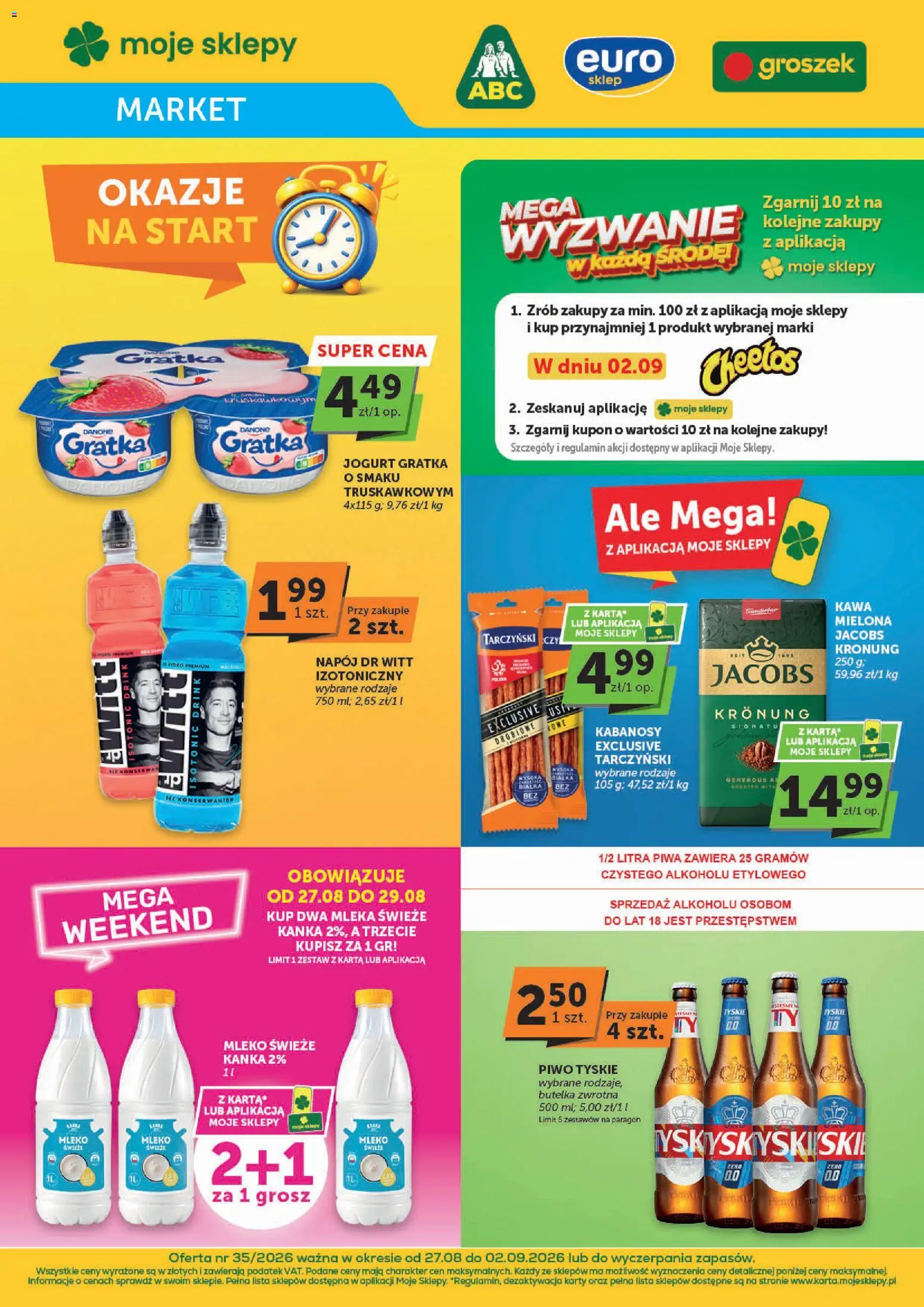 Euro Sklep gazetka - Market od 27.08.2026 | Strona: 1 | Produkty: Piwo tyskie, Jacobs, Kabanosy, Piwo