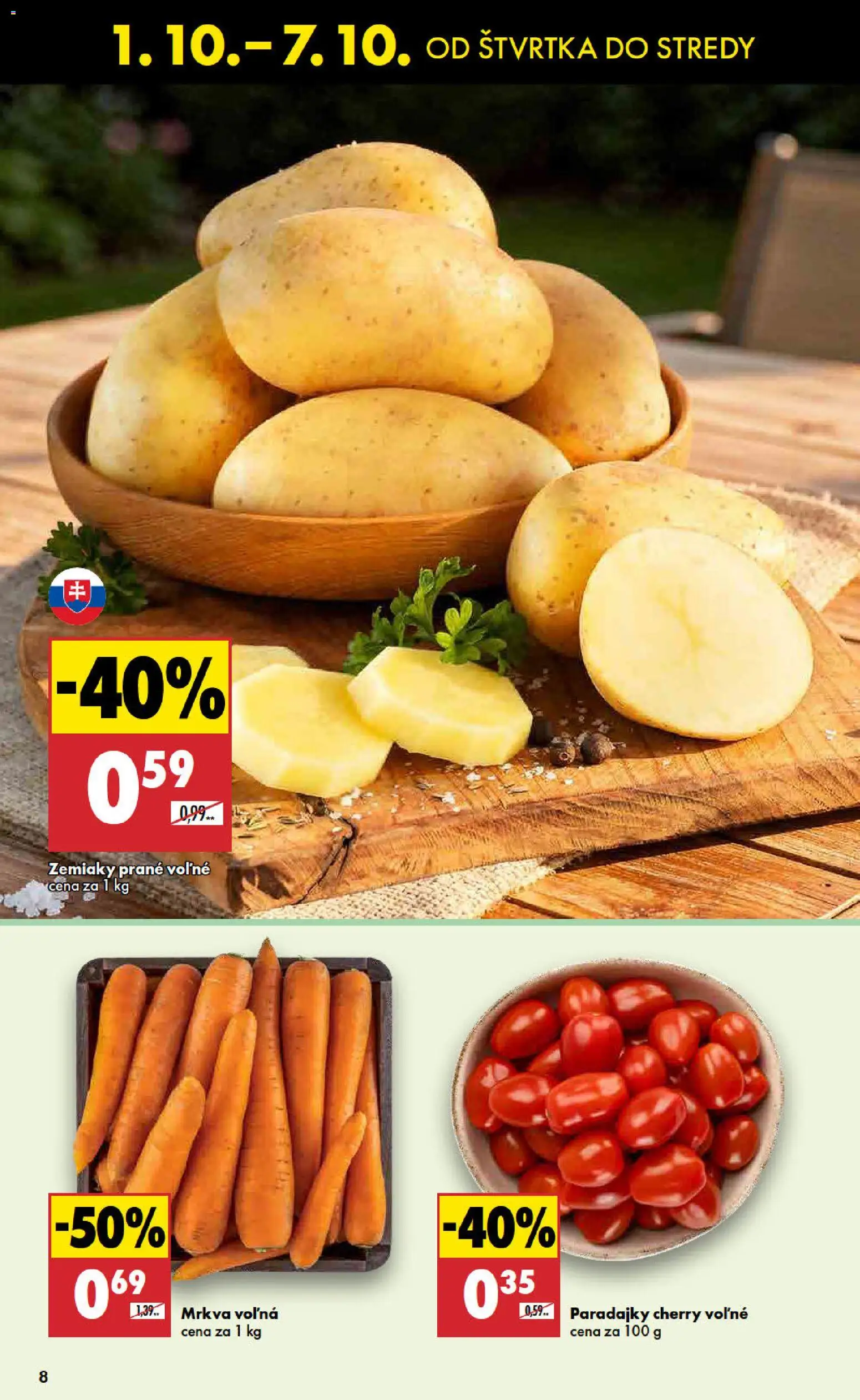 Nové Biedronka akcie – leták je platný od 01.10.2026 | Strana: 8 | Produkty: Paradajky, Mrkva, Zemiaky