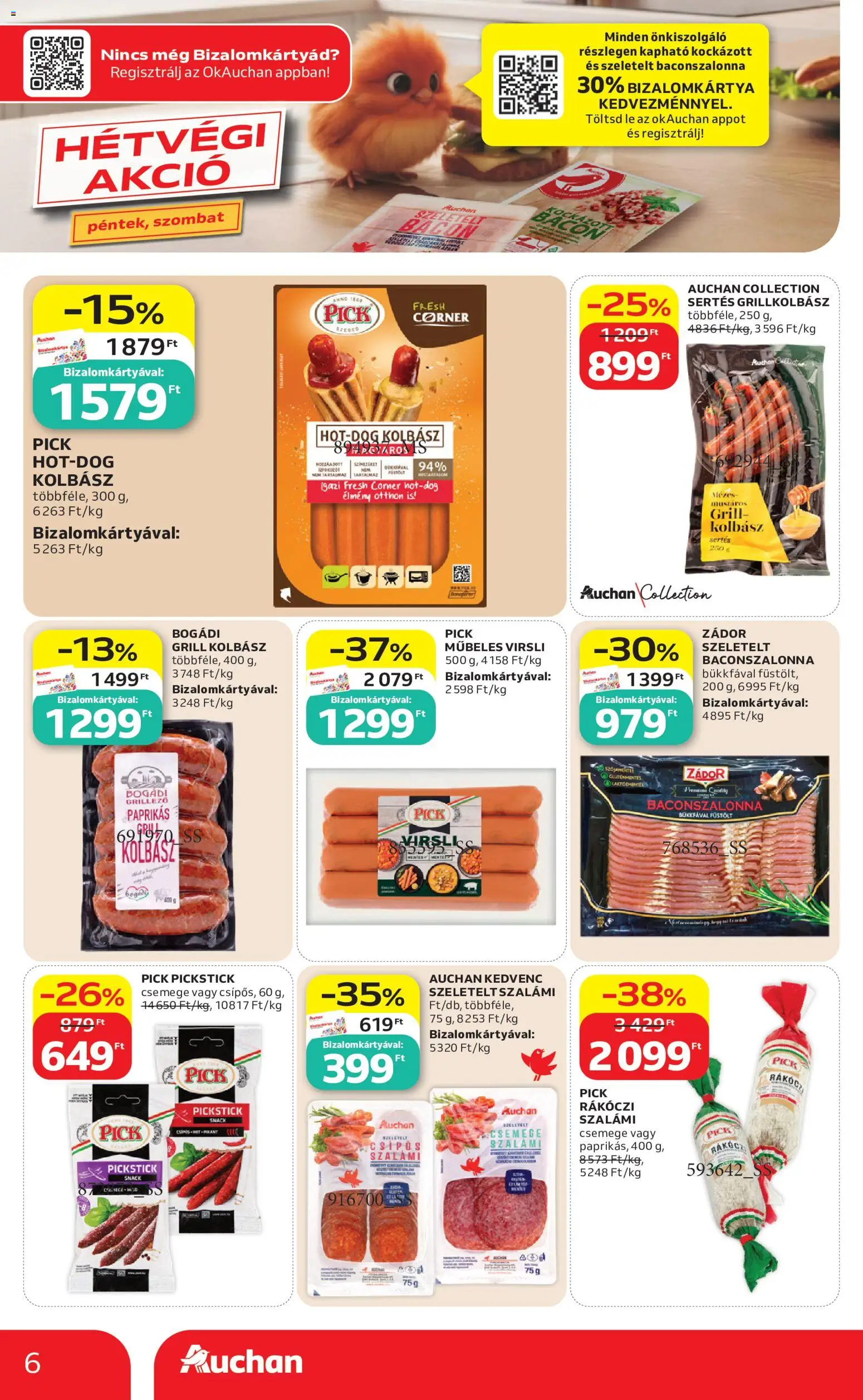 Auchan akciós ujság - amely érvényes a következő dátumtól: 18.06.2026 | Oldal: 6 | Termékek: Kolbász, Pick, Bacon, Szalámi