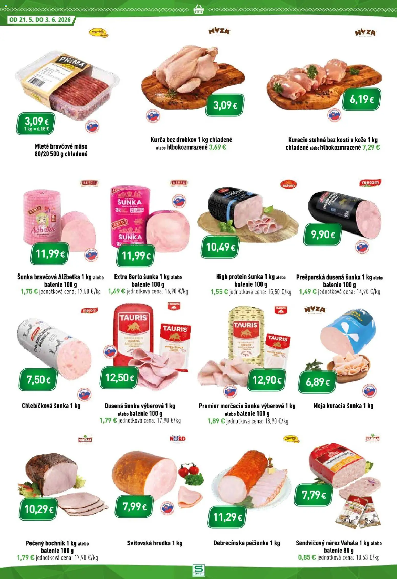 Nové Sintra akcie – leták je platný od 21.05.2026 | Strana: 2 | Produkty: Šunka, Kuracie stehná, Bravčové mäso, Kurča