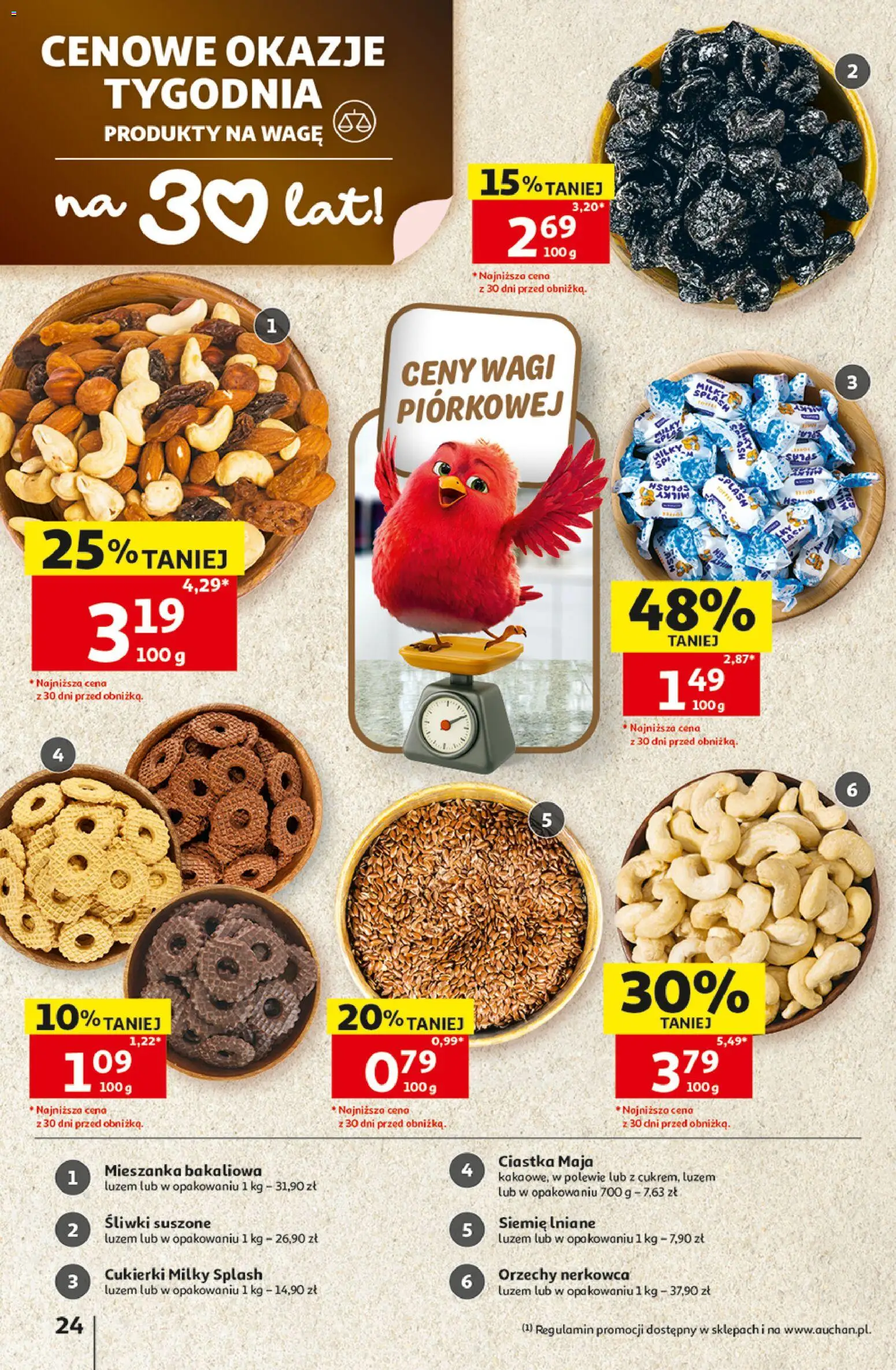 Auchan gazetka - Hipermarket od 22.10.2026 | Strona: 24 | Produkty: Cukierki Milky Splash, Mieszanka bakaliowa, Cukierki, Ciastka