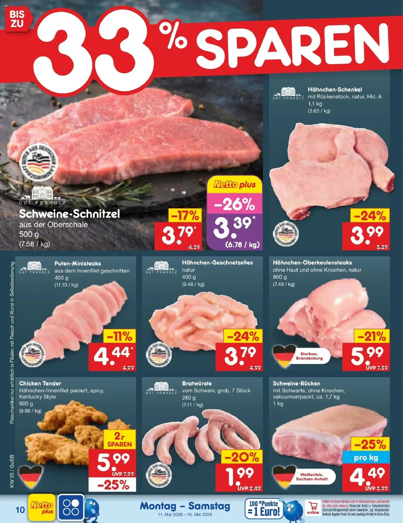Netto Marken-Discount Prospekt Machern	 – gültig ab 10.05.2026 | Seite: 11 | Produkte: Hahnchenschenkel, Wurst, Schweinerucken, Fleisch