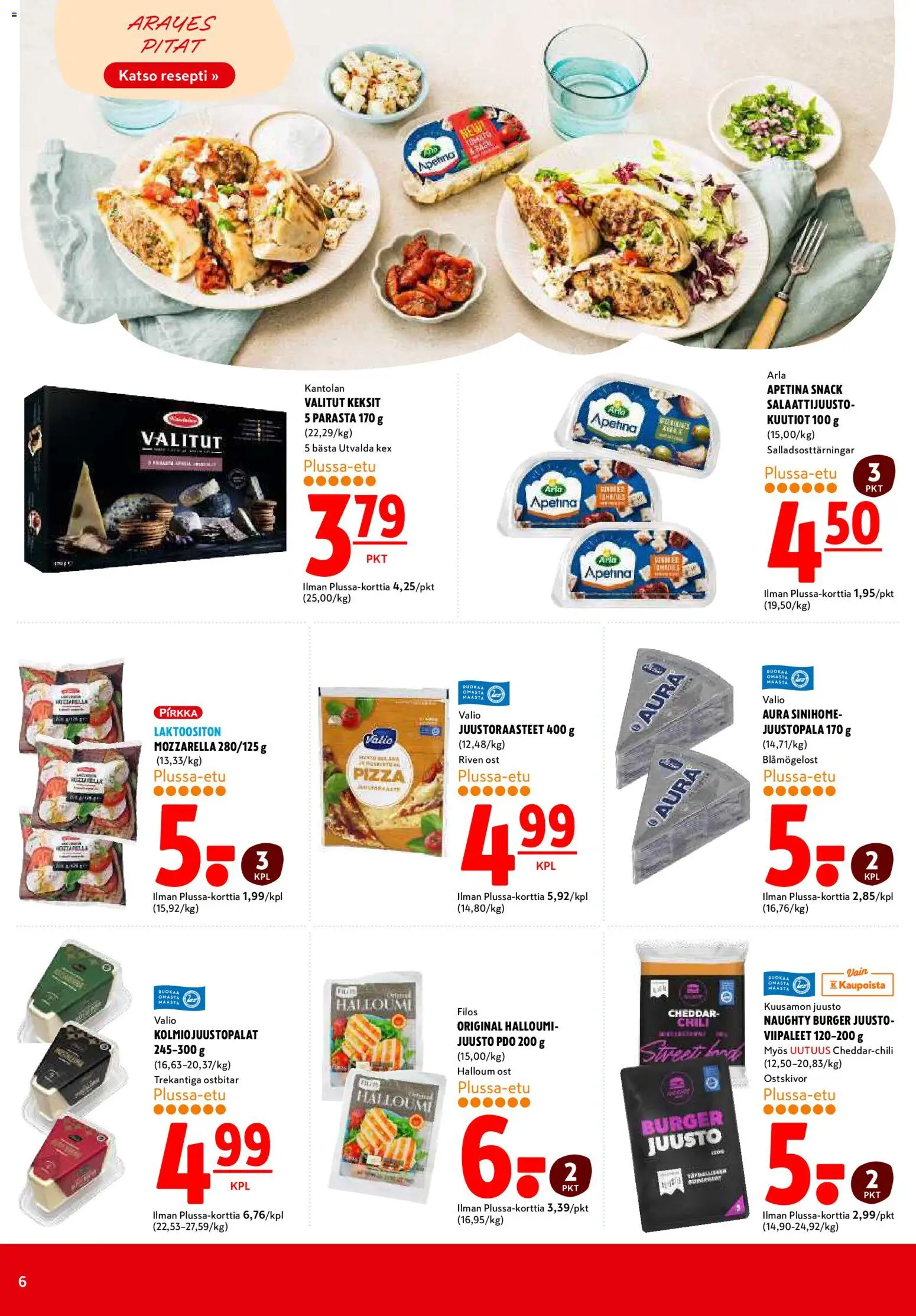 K-Citymarket tarjoukset – voimassa 15.06.2026 alkaen | Sivu: 6 | Tuotteet: Mozzarella, Cheddar, Halloumi, Keksit