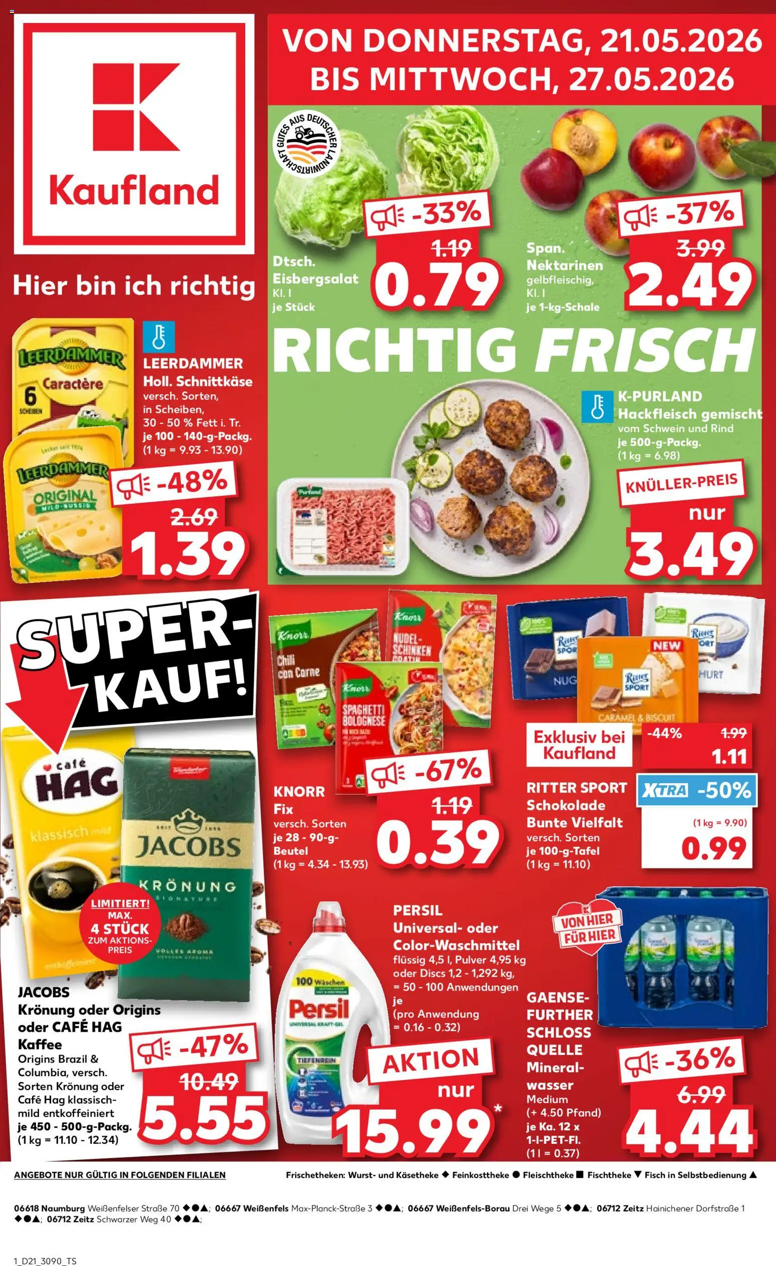 Kaufland Prospekt Zeitz	 – gültig ab 21.05.2026 | Seite: 1 | Produkte: Schokolade, Ritter sport, Wurst, Hackfleisch