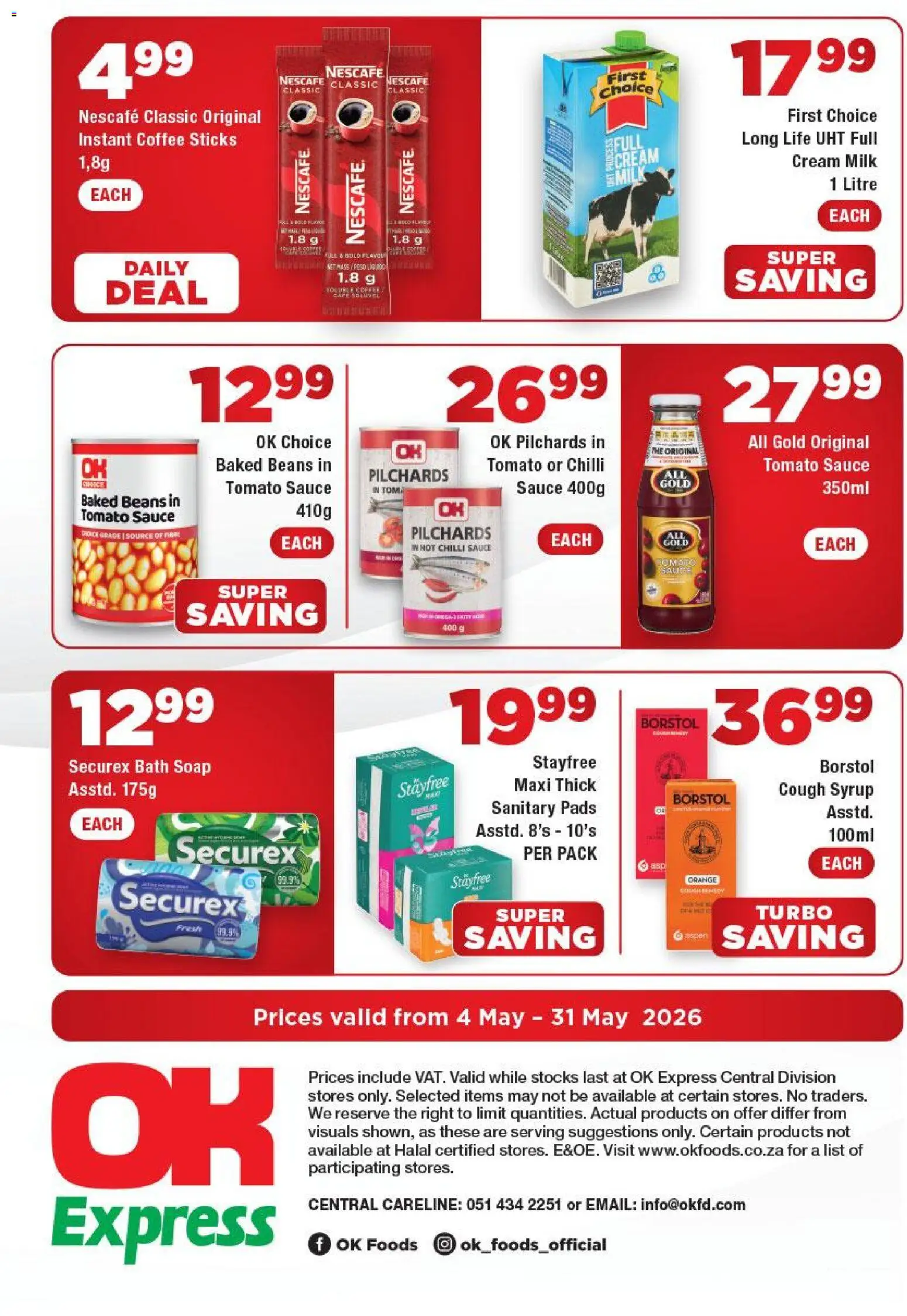 New OK Foods catalogue – valid from 04.05.2026 | Page: 4 | Products: Pilchards, Baked beans, Tomato sauce, Estuche organizador de viaje