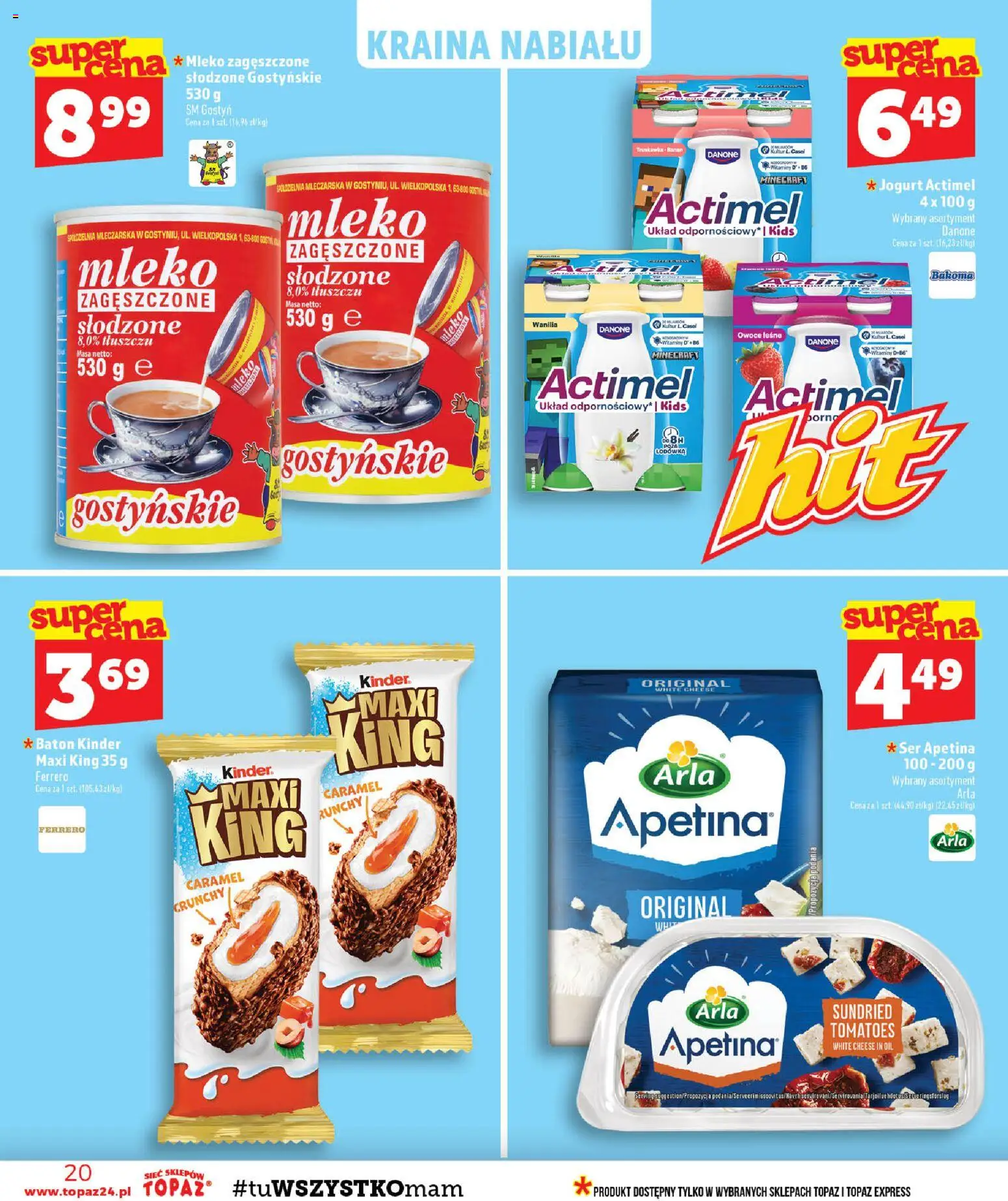 Topaz gazetka - MAZ od 27.08.2026 | Strona: 20 | Produkty: Mleko zagęszczone słodzone, Actimel, Ser, Owoce