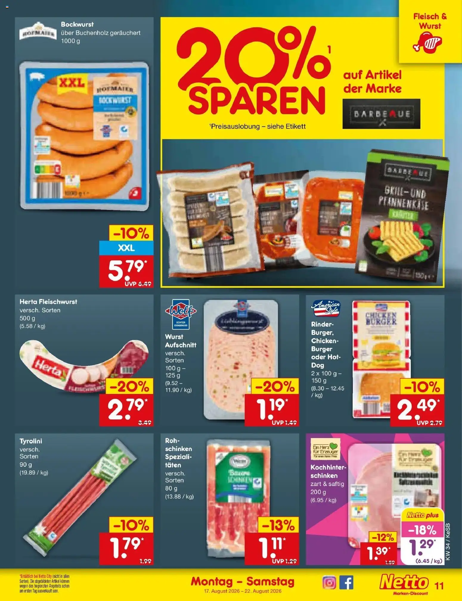 Netto Marken-Discount Prospekt Kruft – gültig ab 17.08.2026 | Seite: 13 | Produkte: Burger, Wurst, Schinken, Fleisch