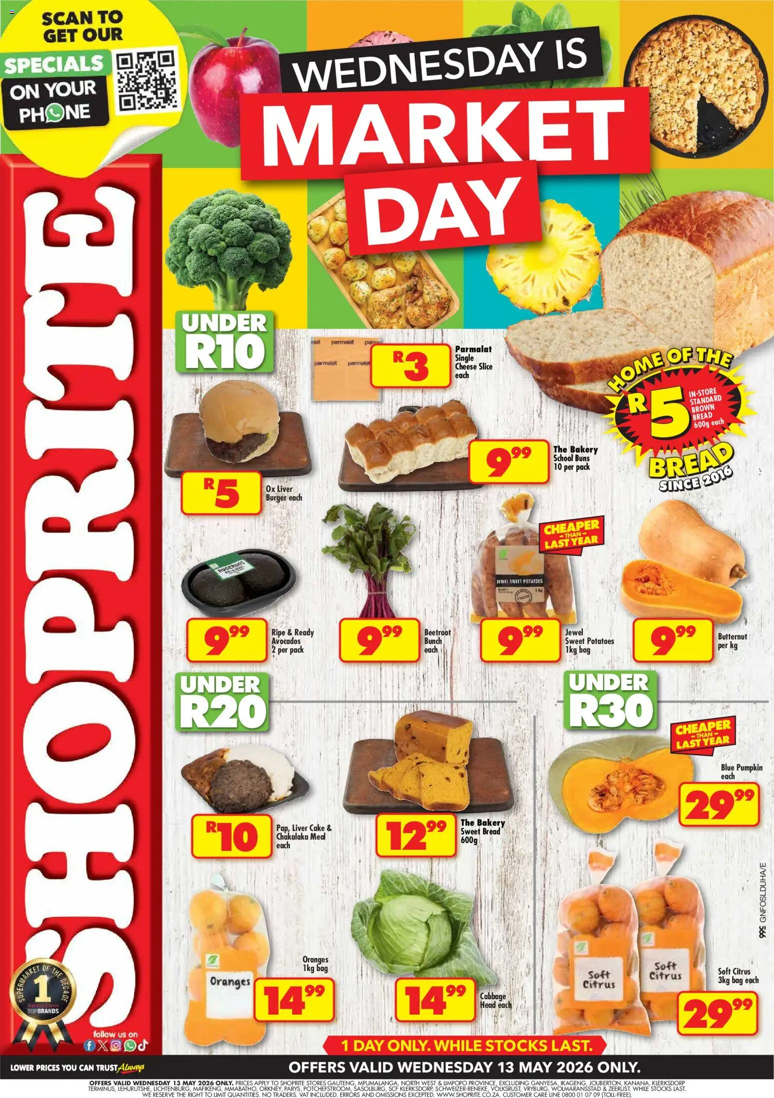 New Shoprite catalogue – valid from 13.05.2026 | Page: 1 | Products: Bag, Bakery, Cheese, Oranges