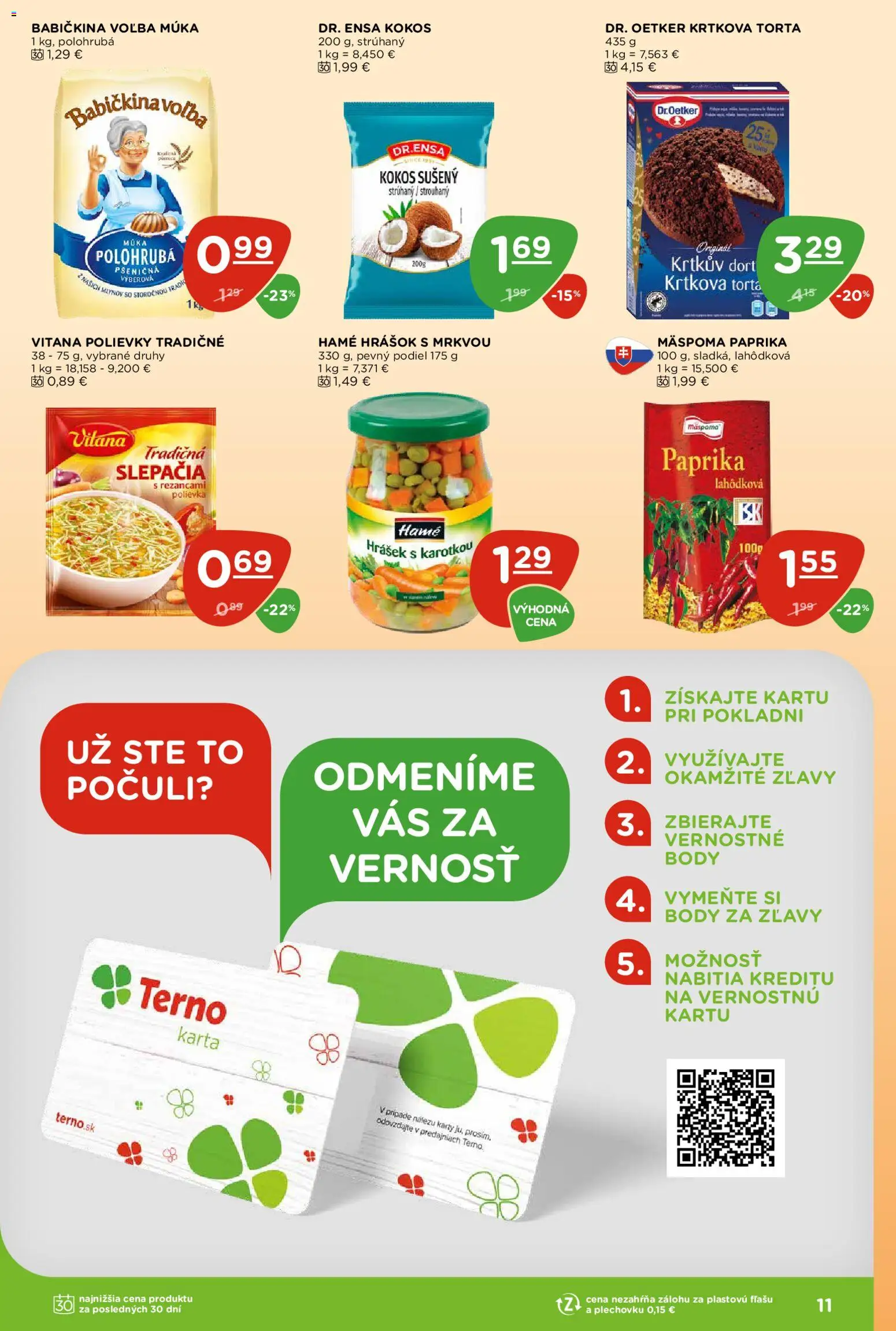 Nové Terno akcie – leták je platný od 13.08.2026 | Strana: 11 | Produkty: Kokos, Polievky, Hrášok, Múka