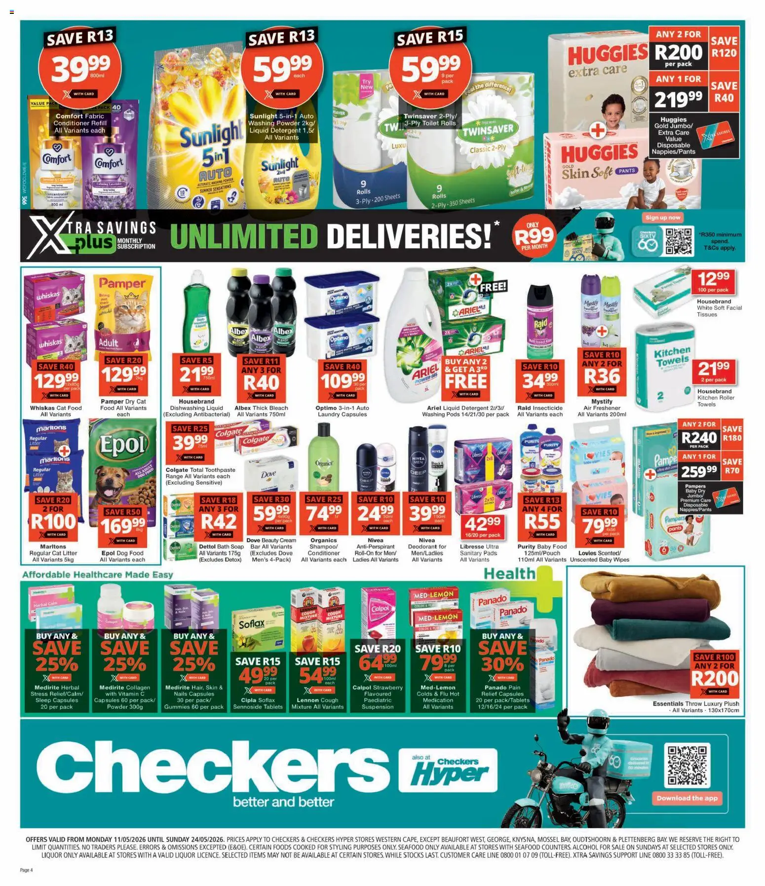 New Checkers catalogue – valid from 11.05.2026 | Page: 4 | Products: Deodorant, Toothpaste, Detergent, Cat litter