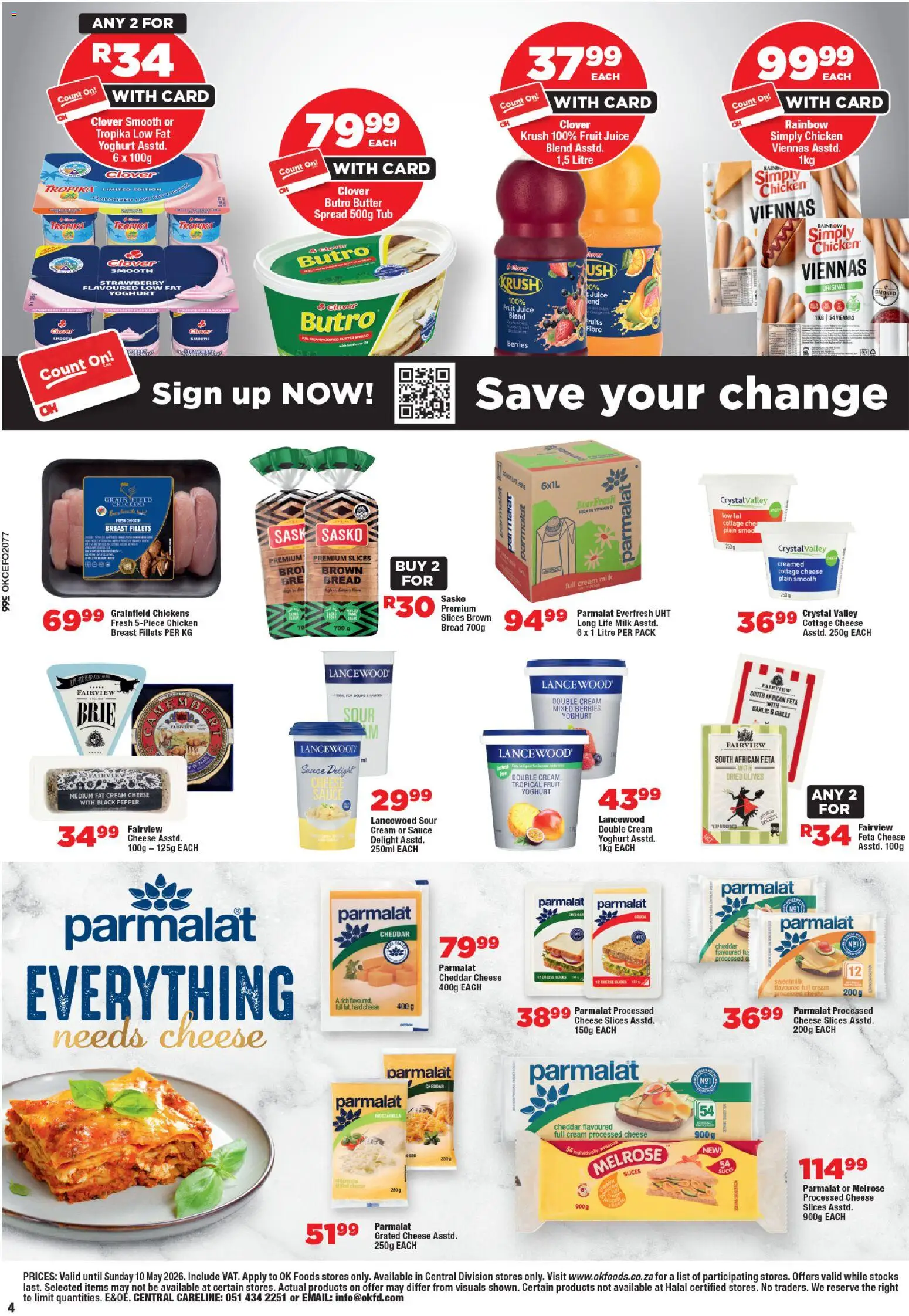 New OK Foods catalogue – valid from 24.04.2026 | Page: 4 | Products: Milk, Chicken, Cream, Máscara de pestañas