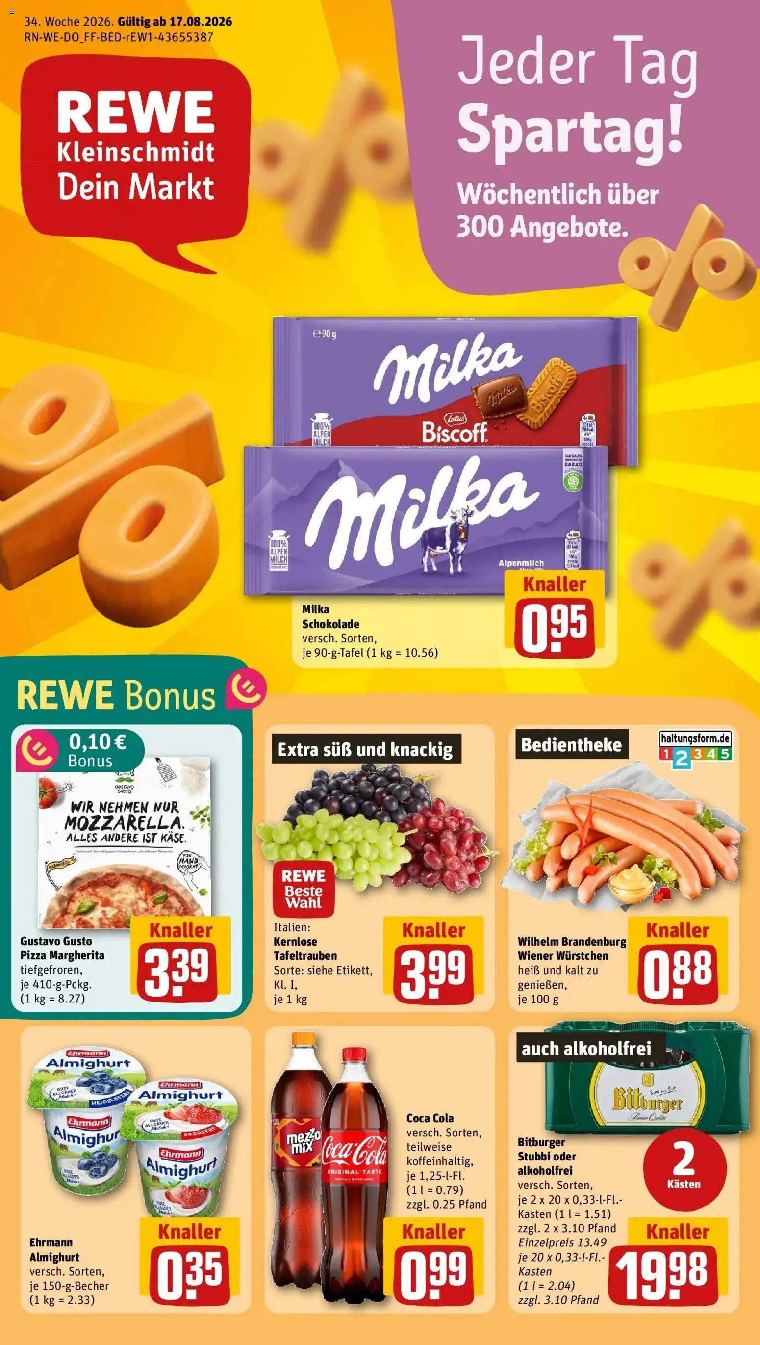 REWE Prospekt ab 17.08.2026 zum Blättern » Angebote | Seite: 1 | Produkte: Gustavo gusto, Coca cola, Ehrmann almighurt, Cola