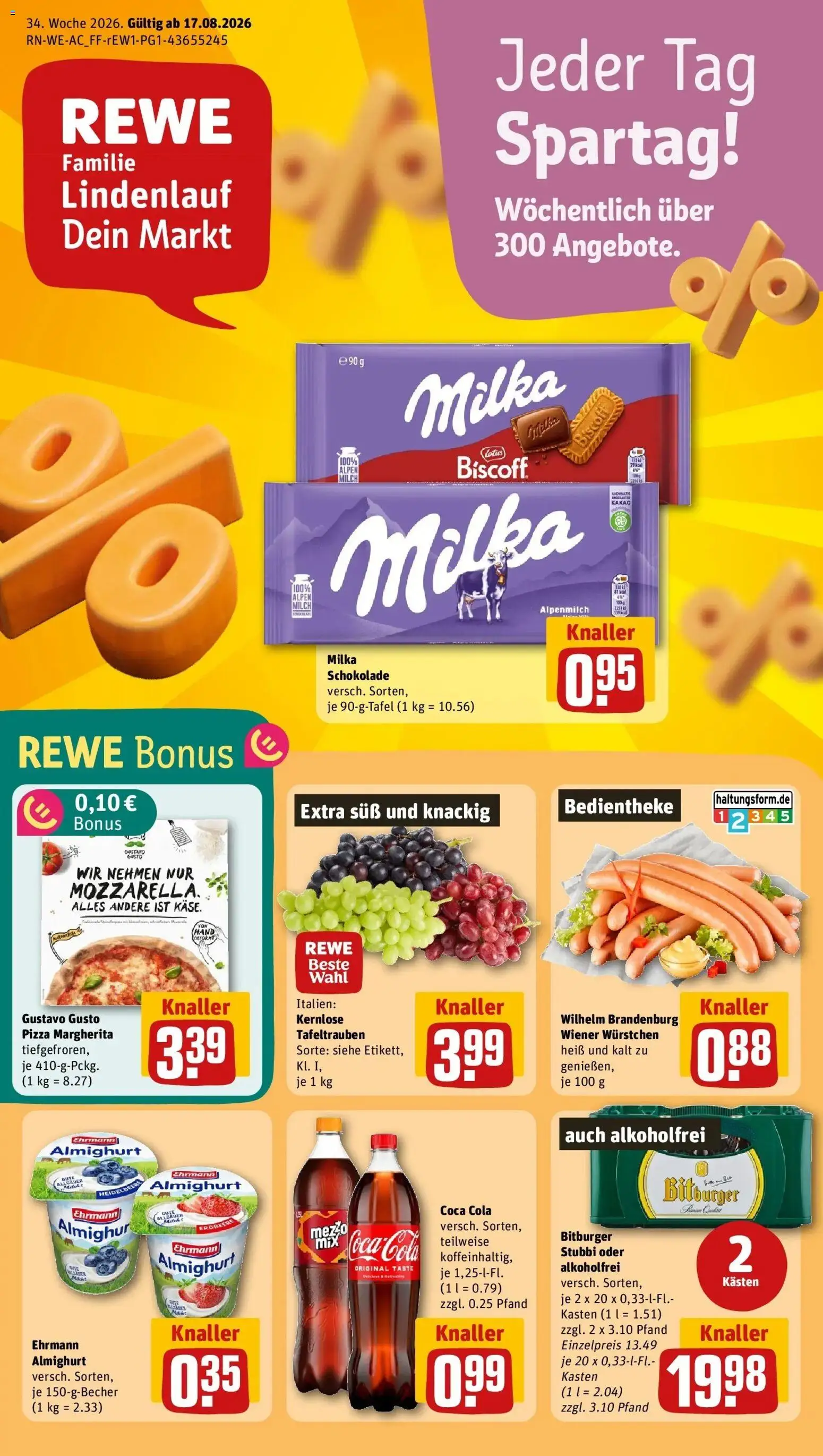 REWE Prospekt ab 17.08.2026 zum Blättern » Angebote | Seite: 1 | Produkte: Bitburger, Coca cola, Cola, Milka