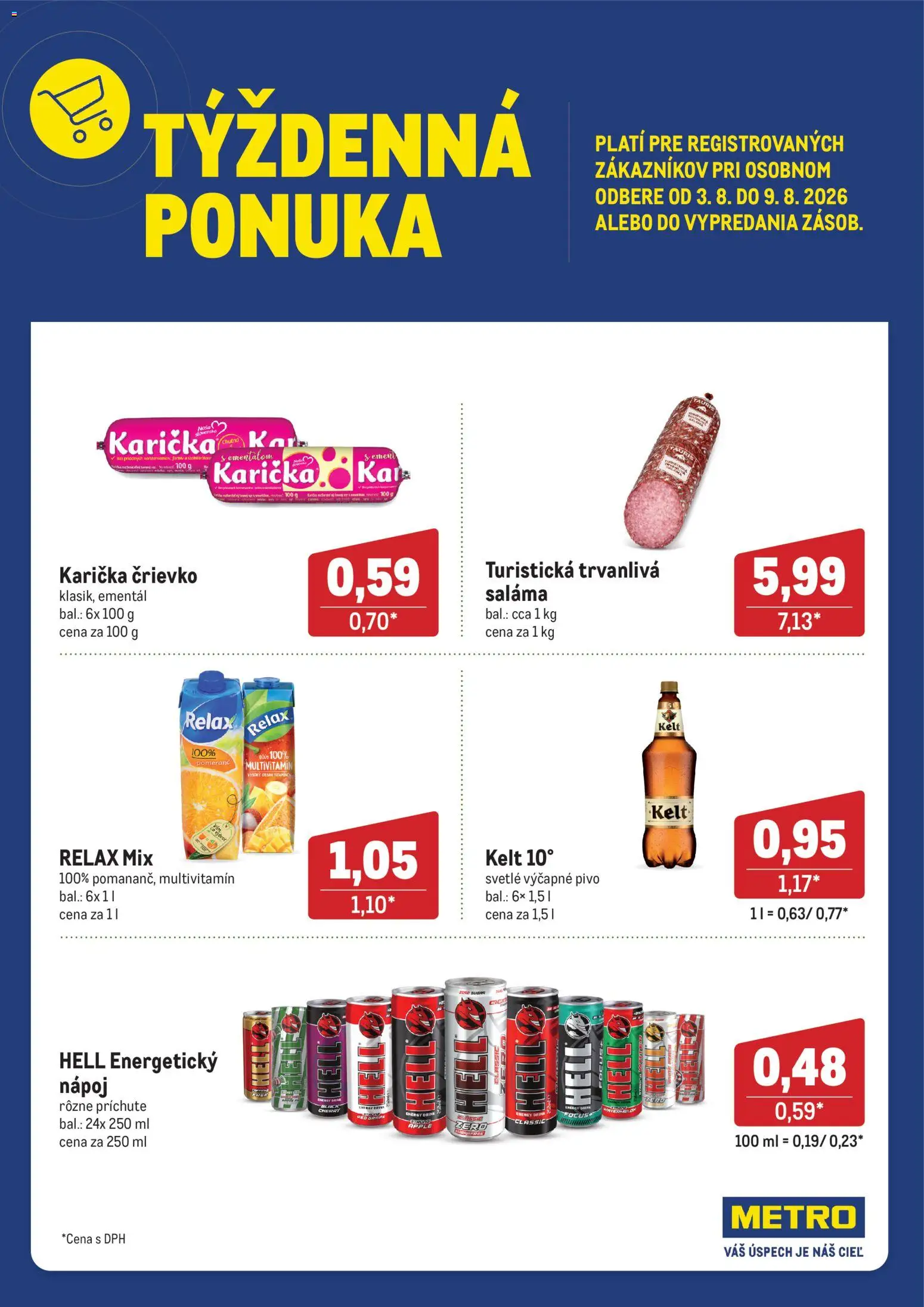Nové Metro akcie – leták je platný od 03.08.2026 | Strana: 1 | Produkty: Pivo, Saláma, Kelt, Apple