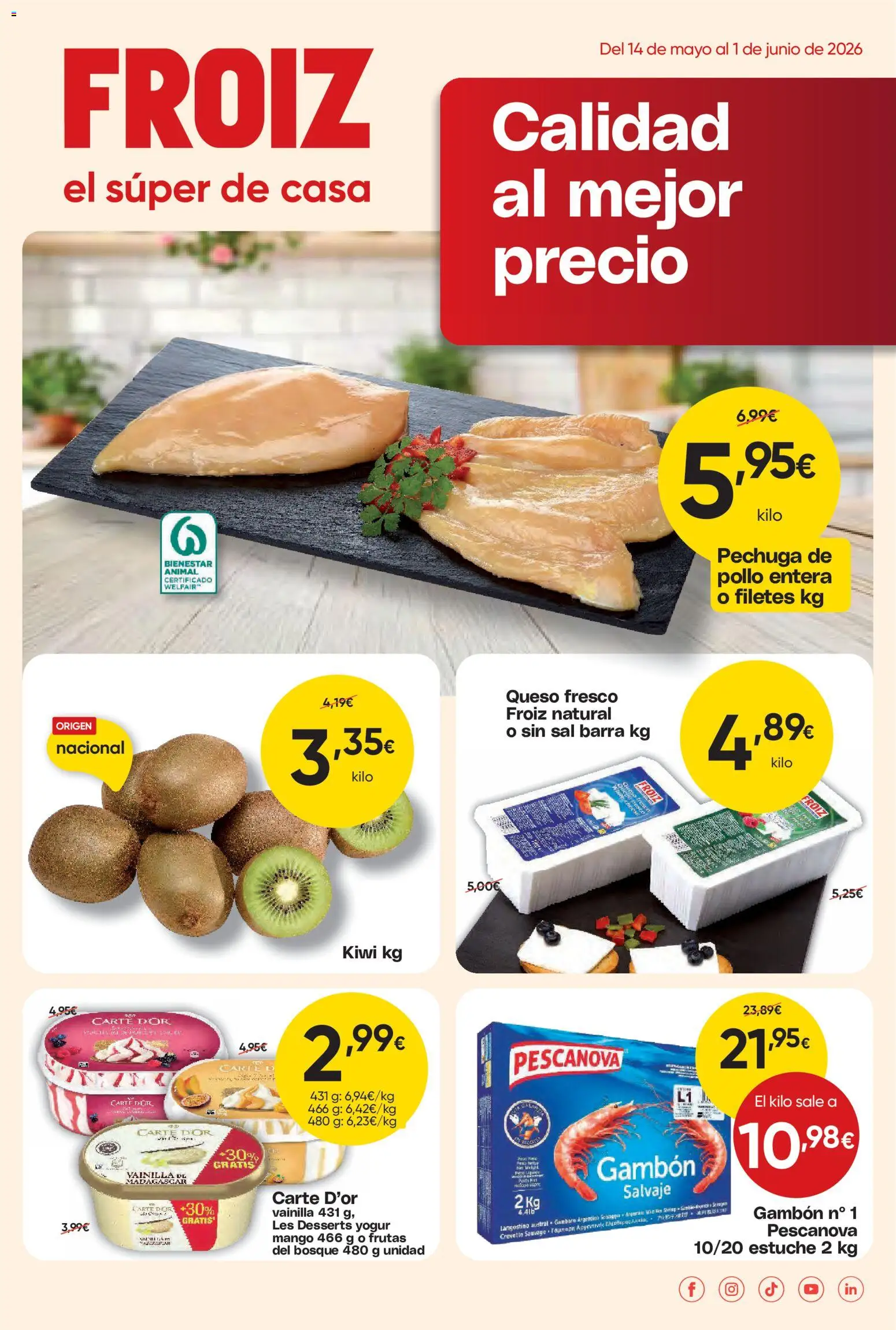 Froiz folleto │ válido desde el 14.05.2026 | Página: 1 | Productos: Yogur, Queso fresco, Kiwi, Langostino