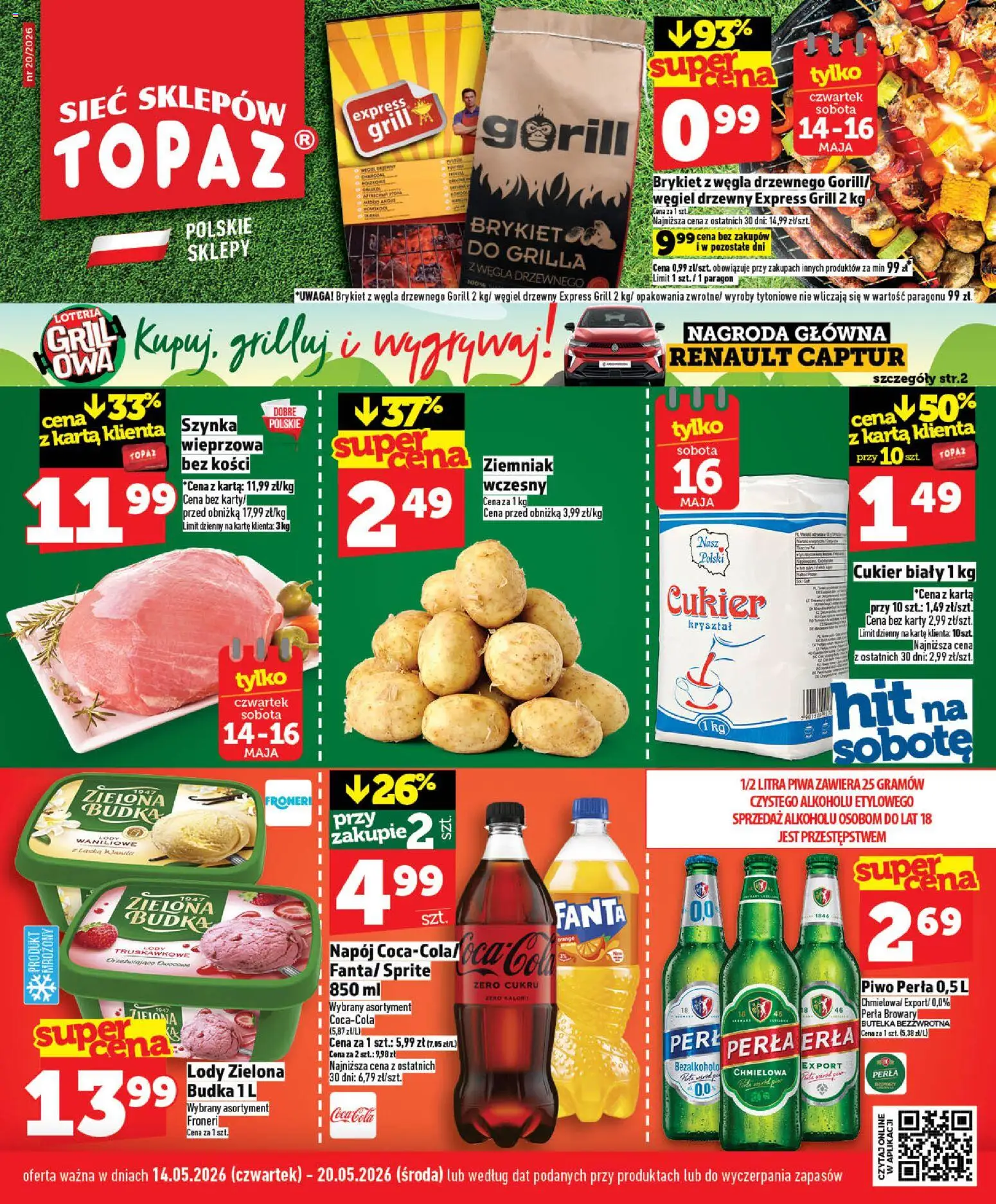 Topaz gazetka - MAZ od 14.05.2026 | Strona: 1 | Produkty: Karta, Szynka wieprzowa, Sprite, Lody