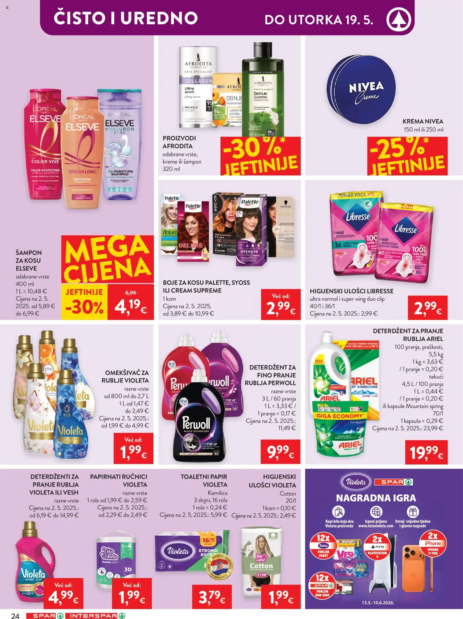 Spar katalog | vrijedi od 13.05.2026 | Stranica: 28 | Proizvodi: Higijenski ulošci, Papirnati ručnici, Violeta, Ariel