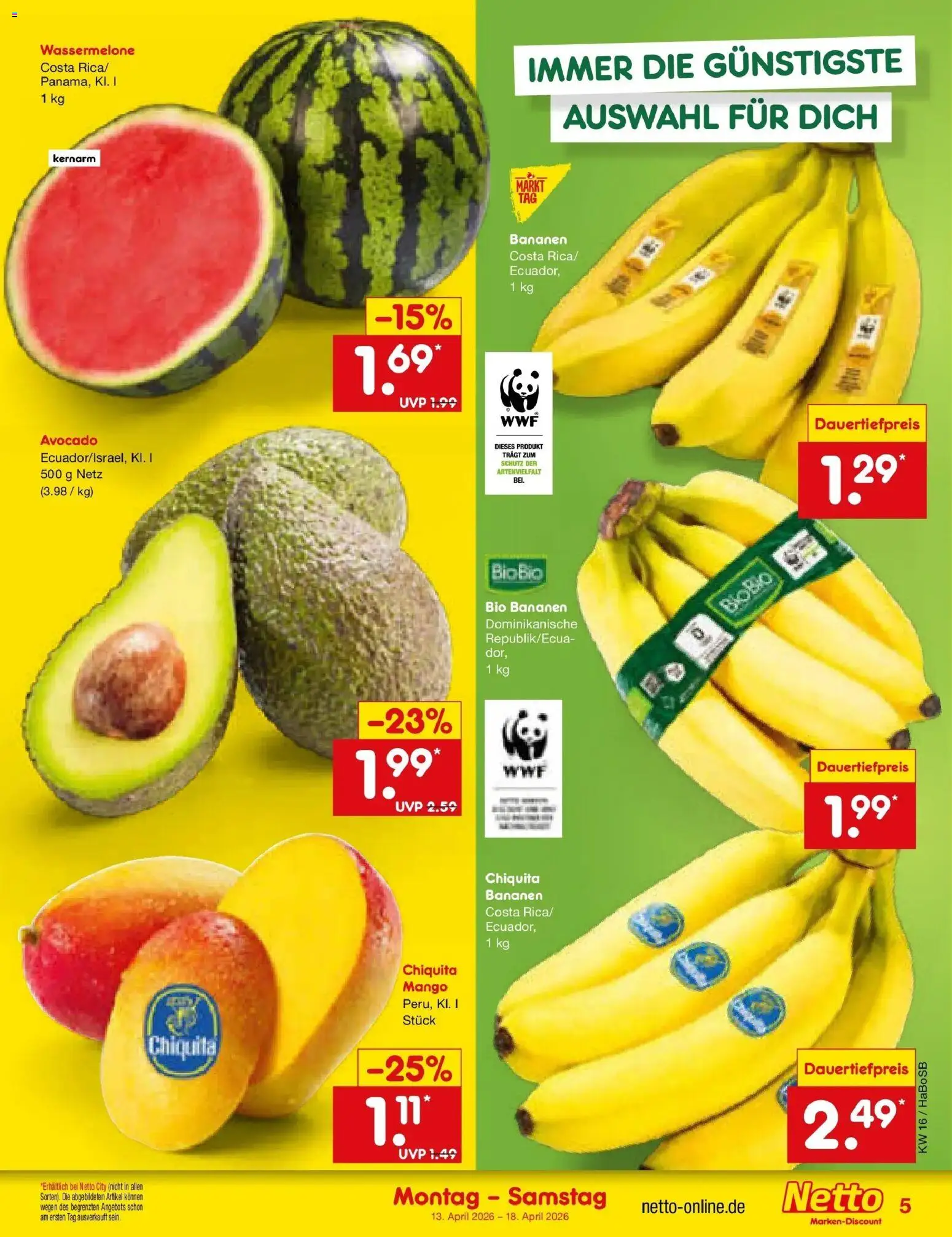 Netto Marken-Discount Prospekt Wuppertal	 – gültig ab 13.04.2026 | Seite: 7 | Produkte: Bananen, Avocado, Mango, Wassermelone