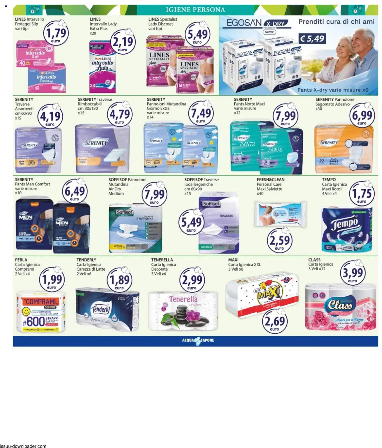 Volantino Acqua e Sapone del 15.06.2026 | Pagina: 12 | Prodotti: Carta igienica, Sapone, Slip, Bagno