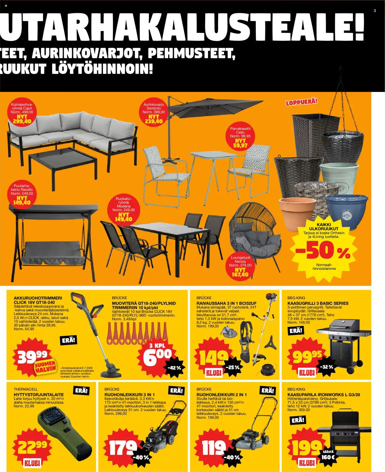 Tokmanni tarjoukset – voimassa 20/07/2026 alkaen | Sivu: 3 | Tuotteet: Raivaussaha, Kaasugrilli, Kulmasohva, Laturi