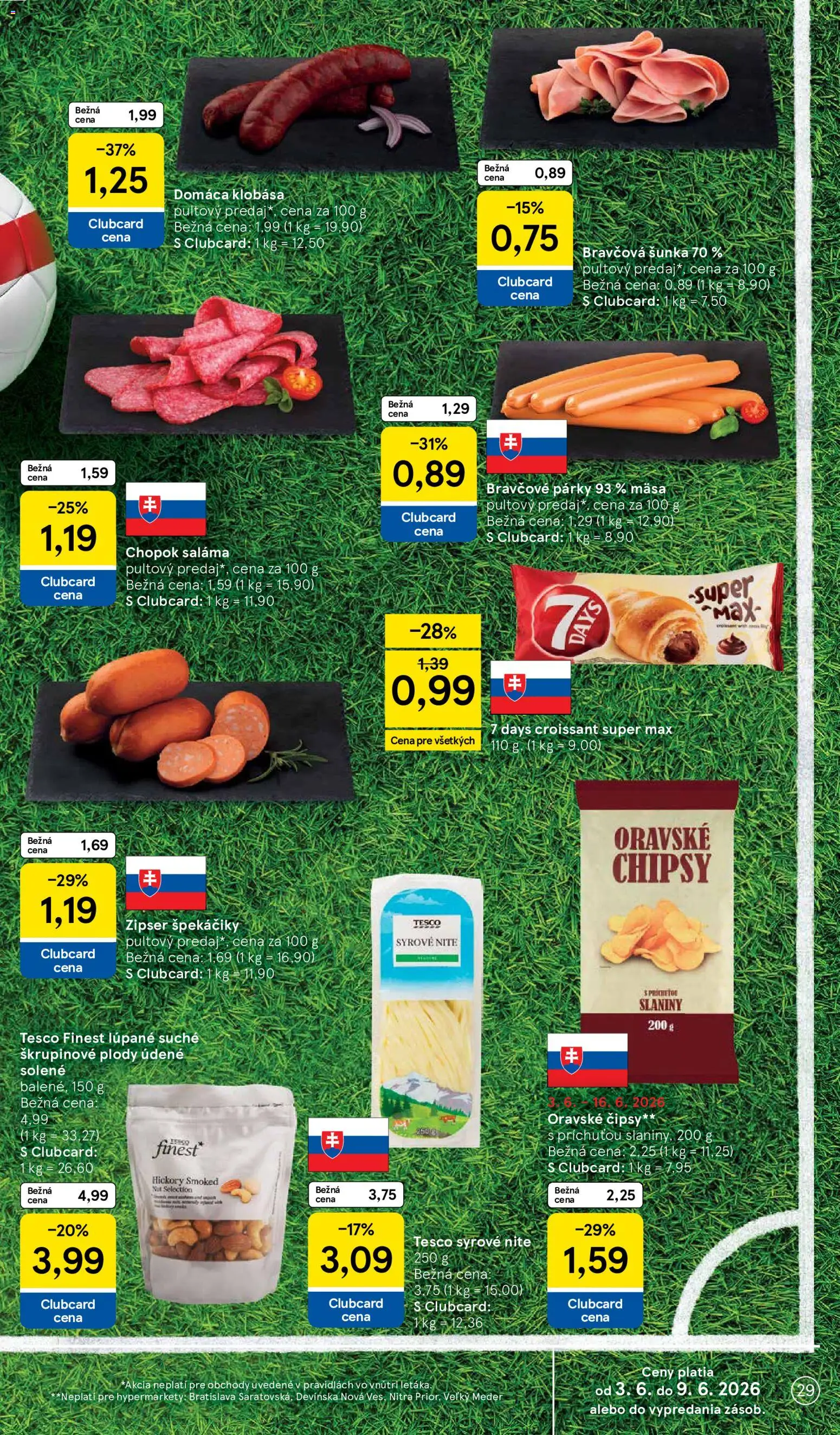 Nové Tesco akcie – leták je platný od 03.06.2026 | Strana: 29 | Produkty: Šunka, Croissant, Chipsy, Párky