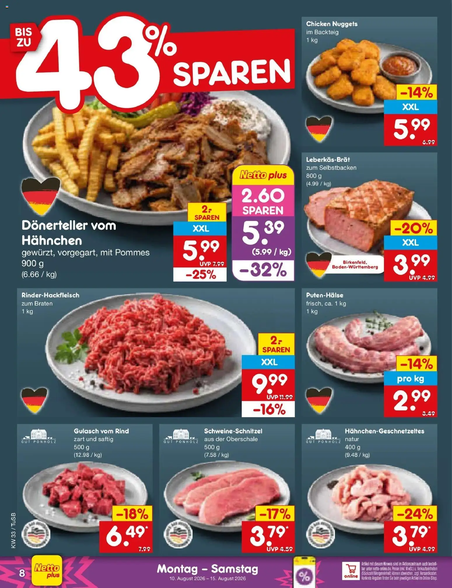 Netto Marken-Discount Prospekt Lahr-Langenwinkel – gültig ab 10.08.2026 | Seite: 8 | Produkte: Hahnchen, Pommes, Gulasch
